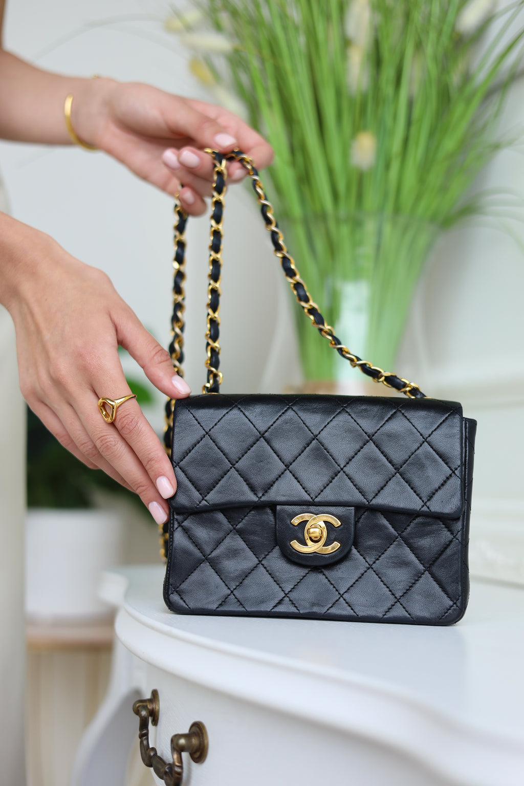 Authentic Chanel Mini square one flap Lambskin chain Shoulder Bag crossbody black