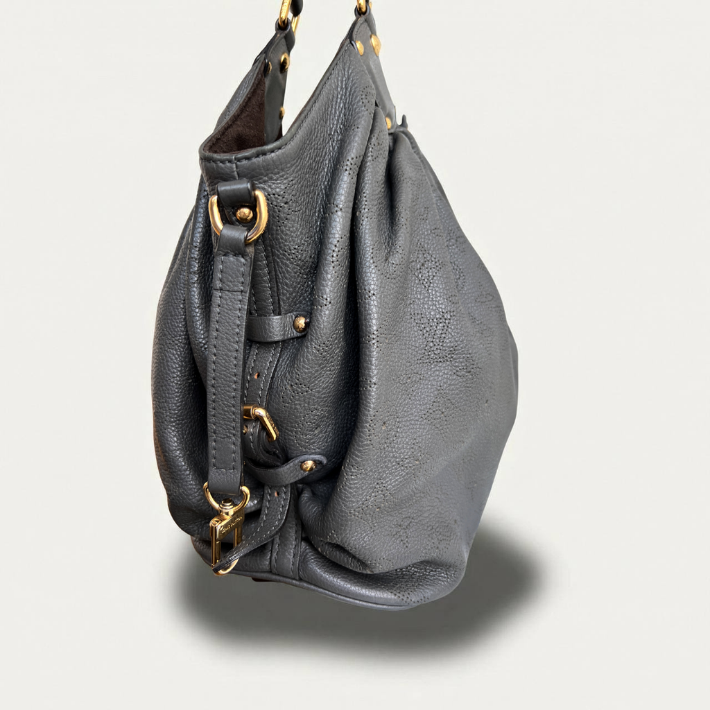 Louis Vuitton Mahina L Leather Gray Monogram Hobo Shoulder Bag