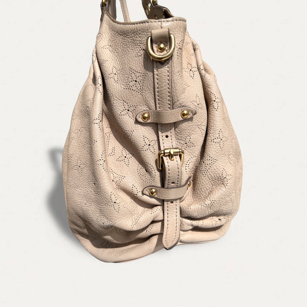 Louis Vuitton Mahina L Leather Beige Monogram Hobo Shoulder