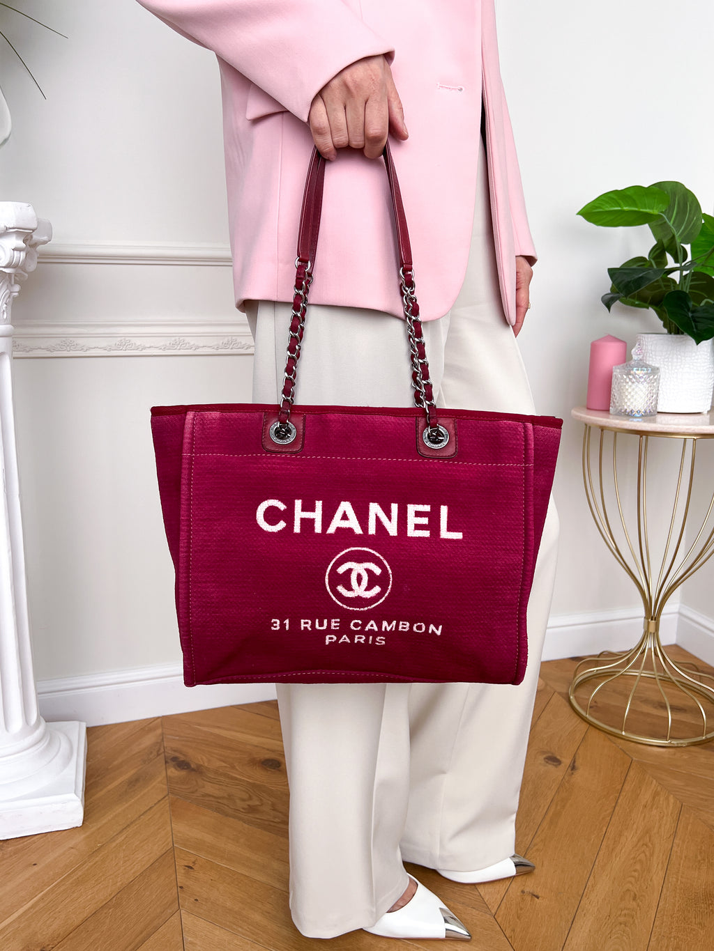 Authentic Chanel Deauville tote red in Cotton Shoulder handbag