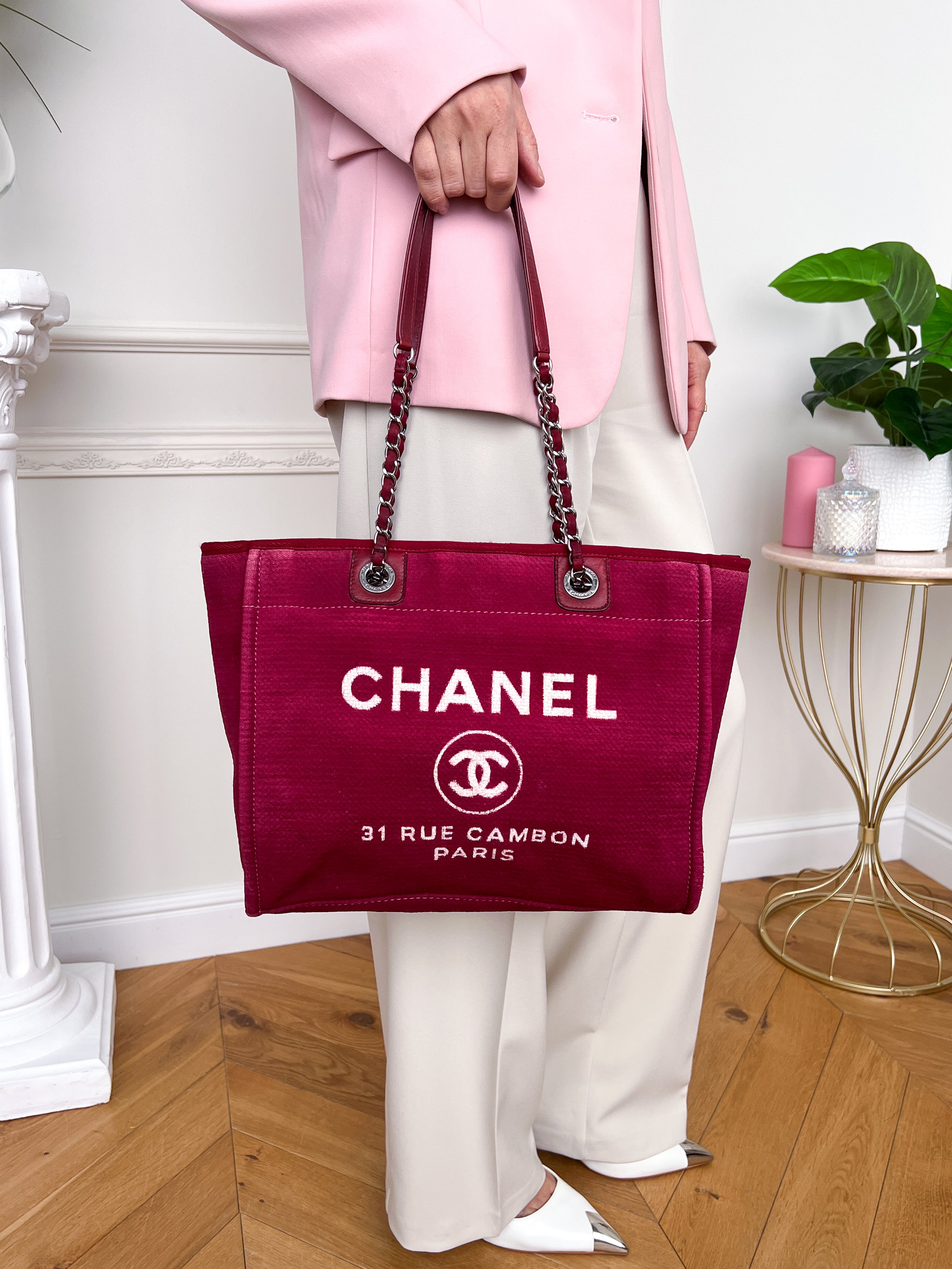 Authentic Chanel Deauville tote red in Cotton Shoulder handbag