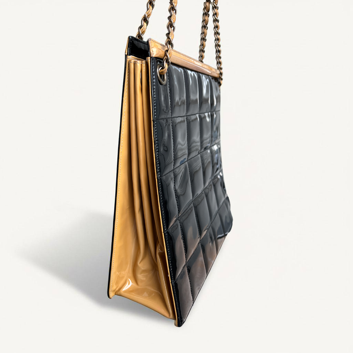 Chanel Parent Beige Black Leather Quilted Large Shoulder Bag