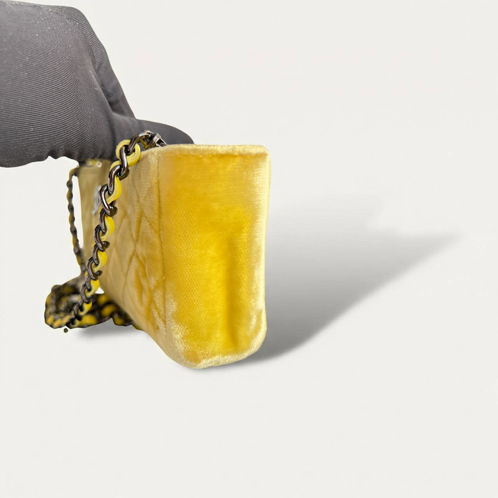Chanel Mini Phone Holder Quilted Velvet Yellow Clutch Crossbody Bag