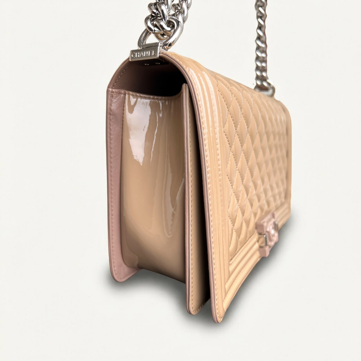 Chanel Boy Medium Patent Beige Quilted Crossbody Bag