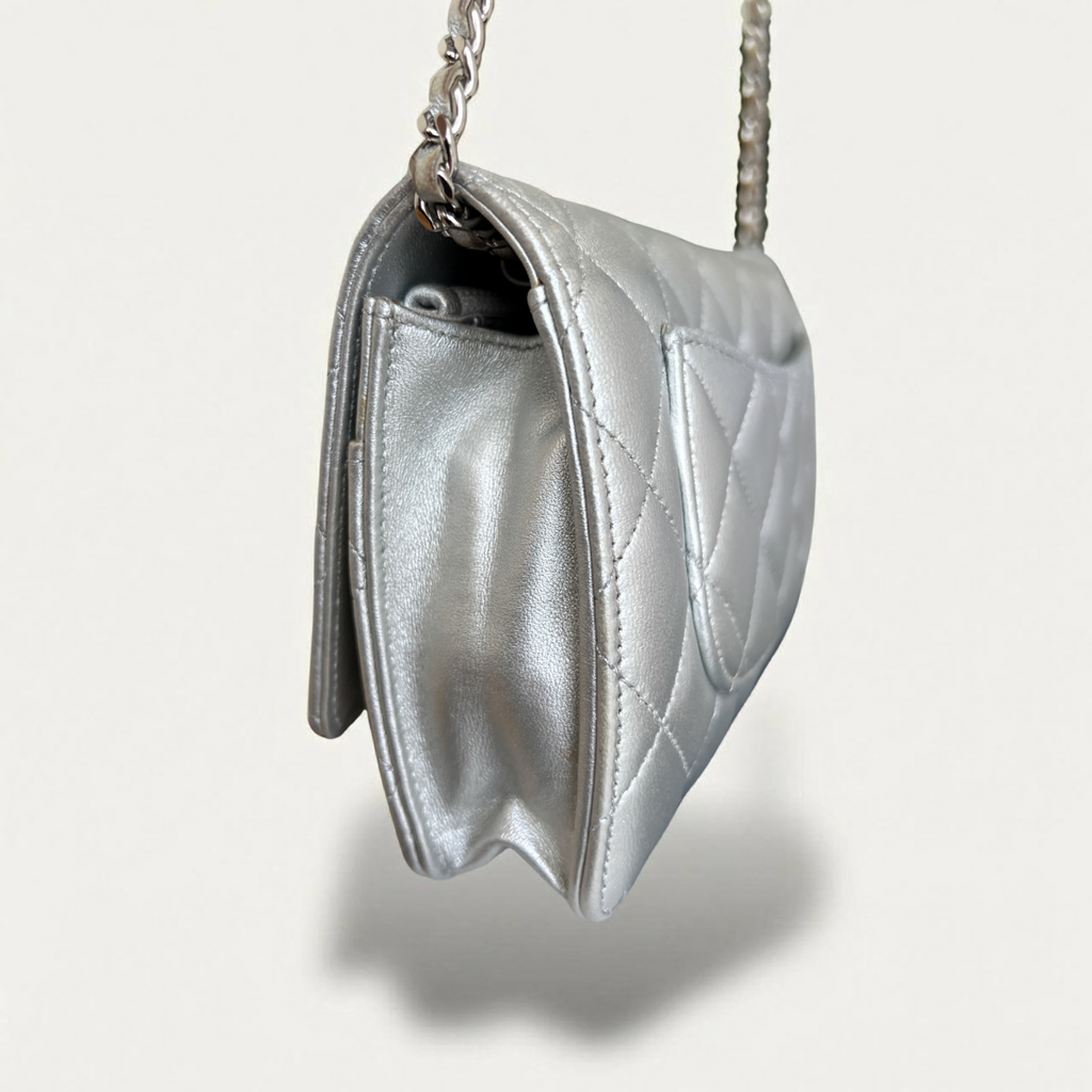 Chanel Woc Leather Lambskin Silver Chain Crossbody Clutch Bag