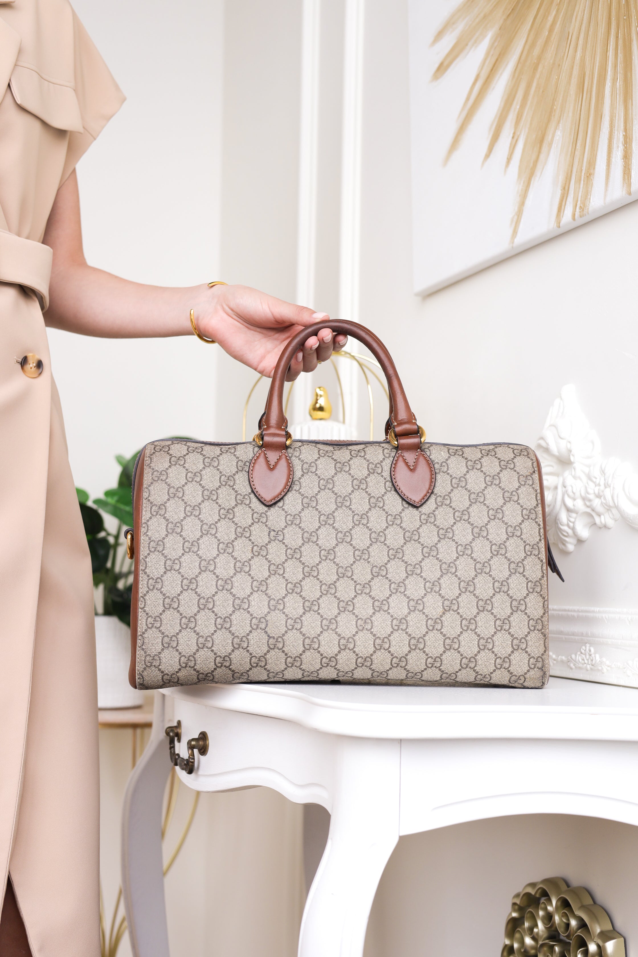 Authentic Gucci Boston Supreme Medium  Brown in Leather Canvas Monogram Satchel