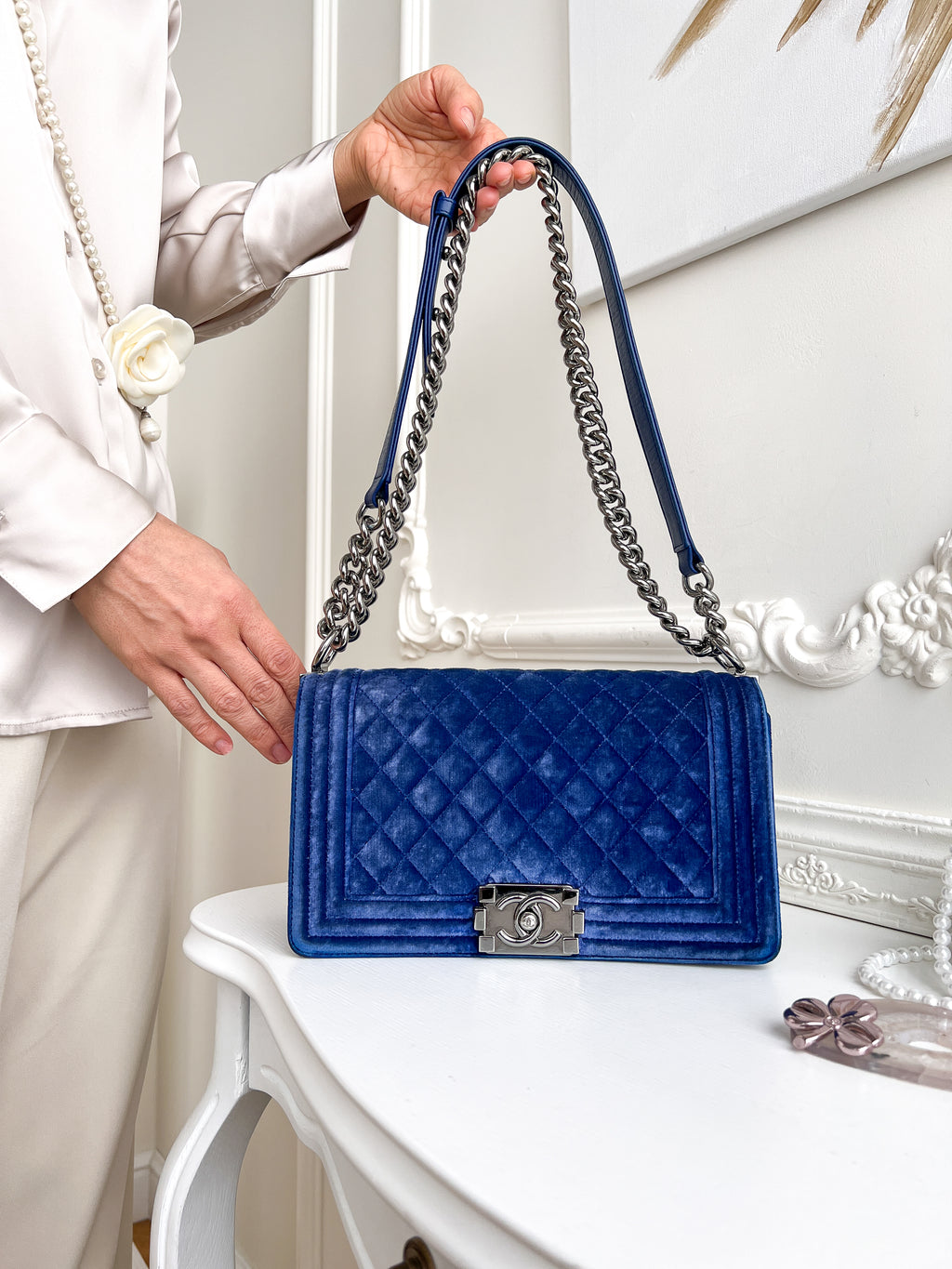 Authentic Chanel Old Boy velvet blue crossbody