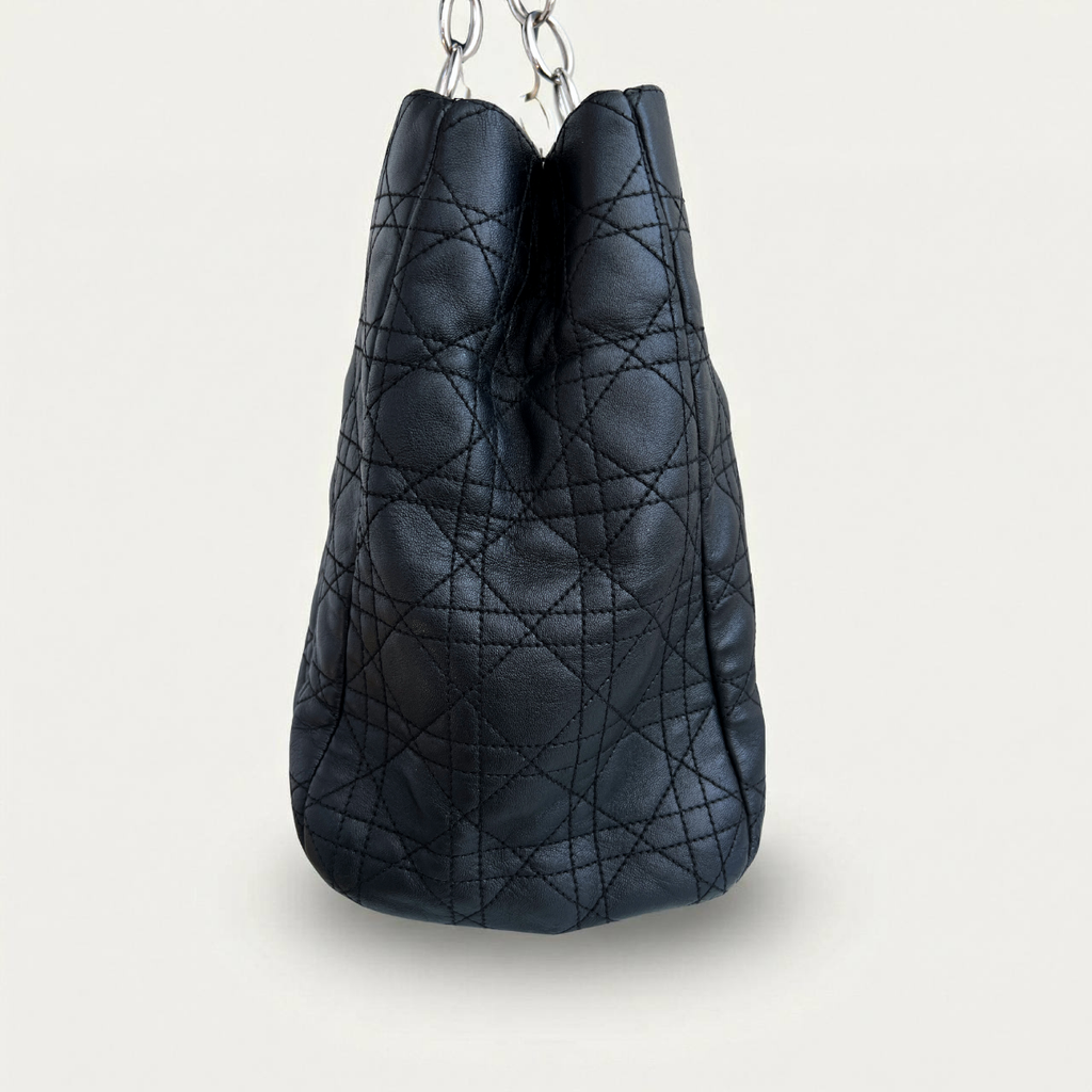 Christian Dior Silver Tote Canage Black Quilted Leather Bag