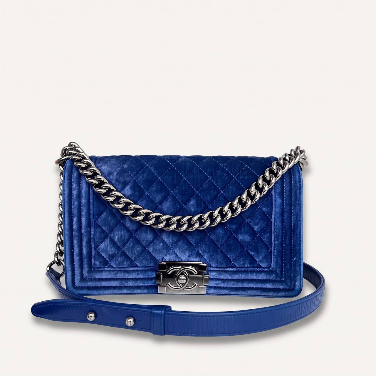 Authentic Chanel Old Boy velvet blue crossbody – Baggarium