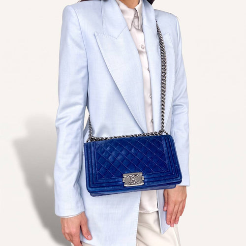 Authentic Chanel Old Boy velvet blue crossbody