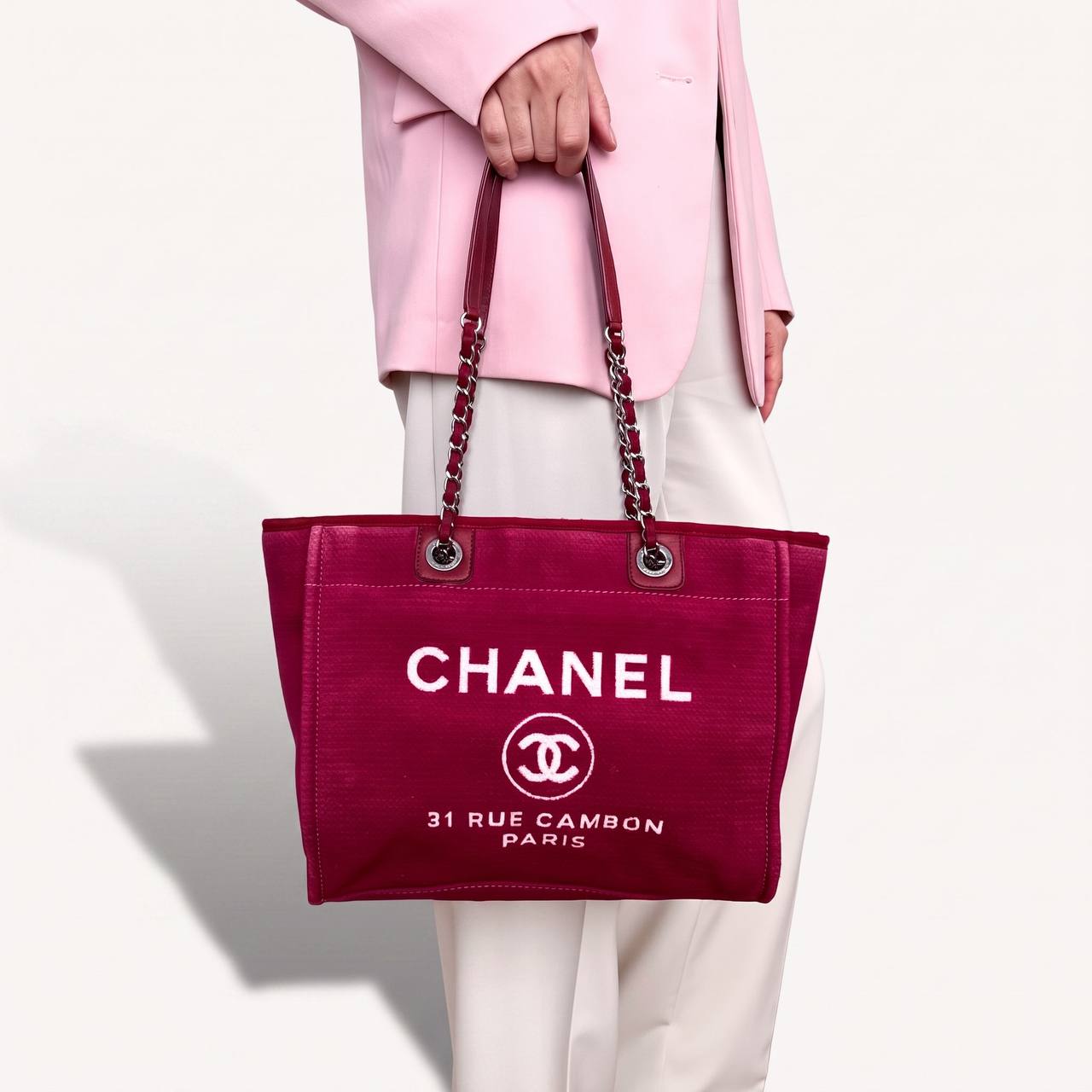 Authentic Chanel Deauville tote red in Cotton Shoulder handbag