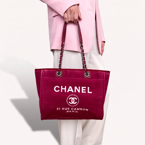 Authentic Chanel Deauville tote red in Cotton Shoulder handbag