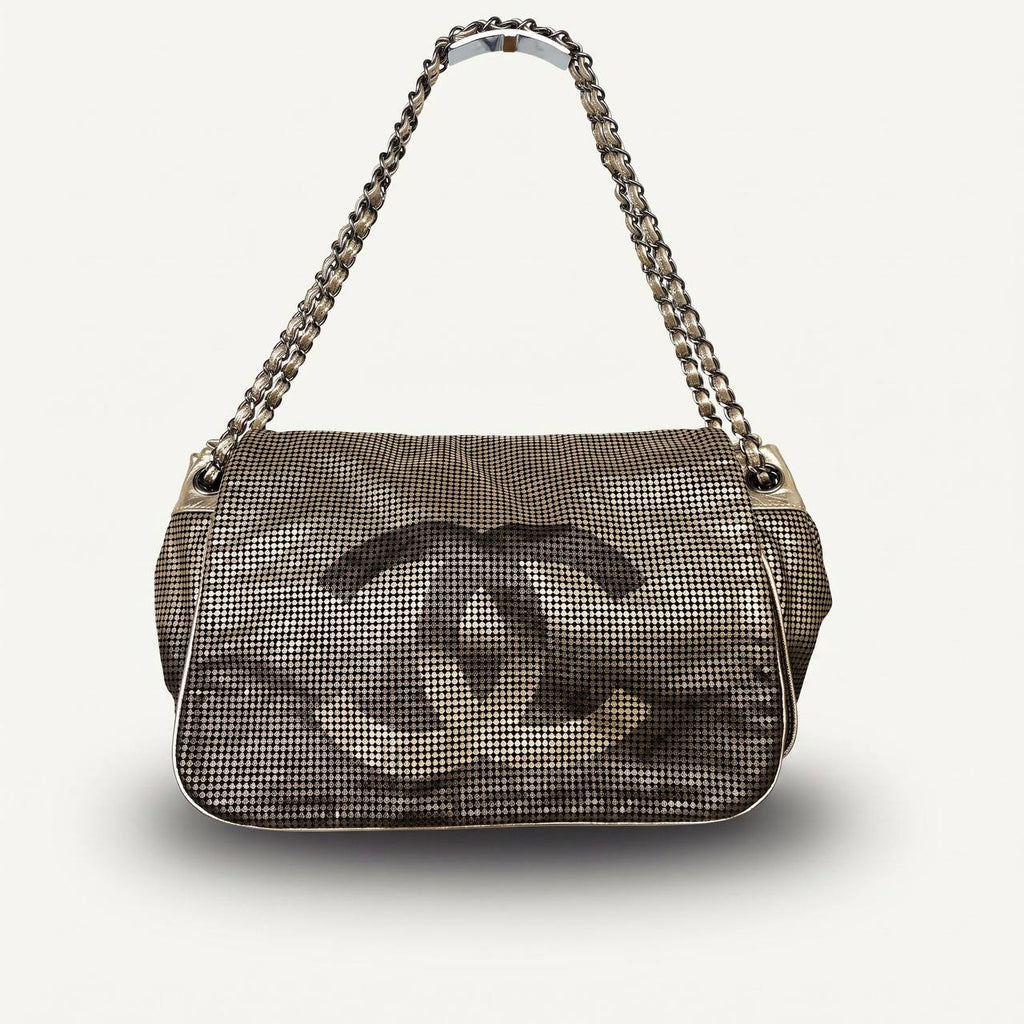 Authentic Chanel tote accordion gold leather chain bag crossbody handbag