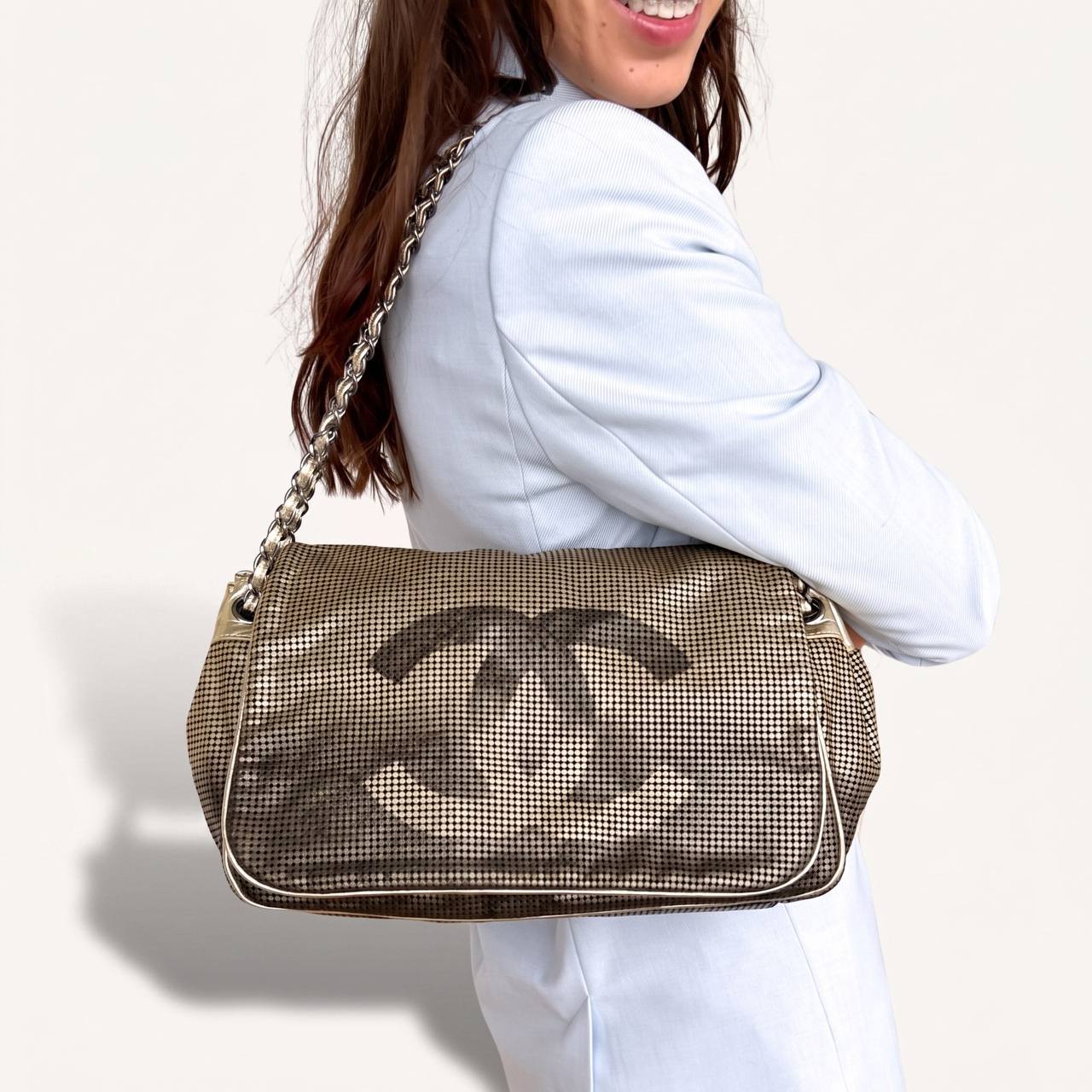 Authentic Chanel tote accordion gold leather chain bag crossbody handbag