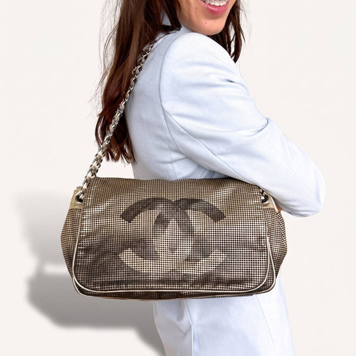Authentic Chanel tote accordion gold leather chain bag crossbody handbag