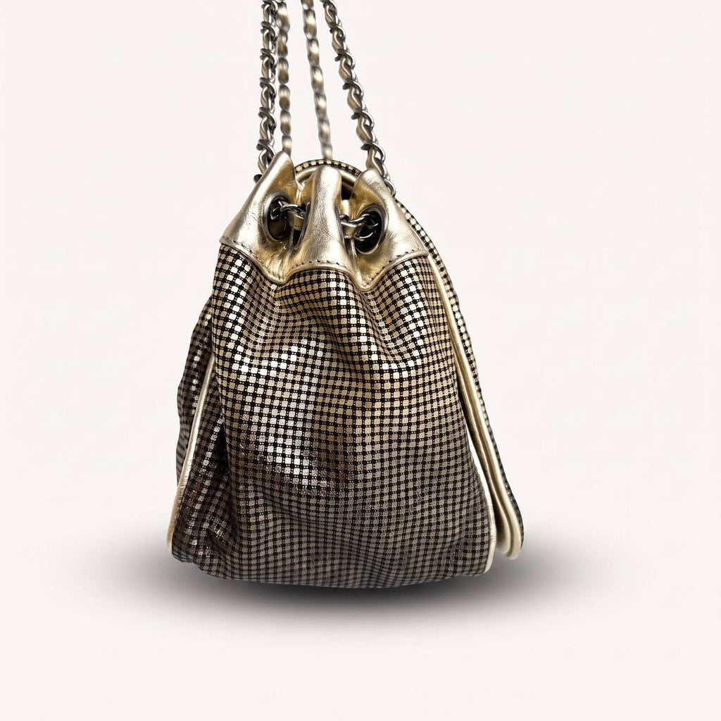Authentic Chanel tote accordion gold leather chain bag crossbody handbag