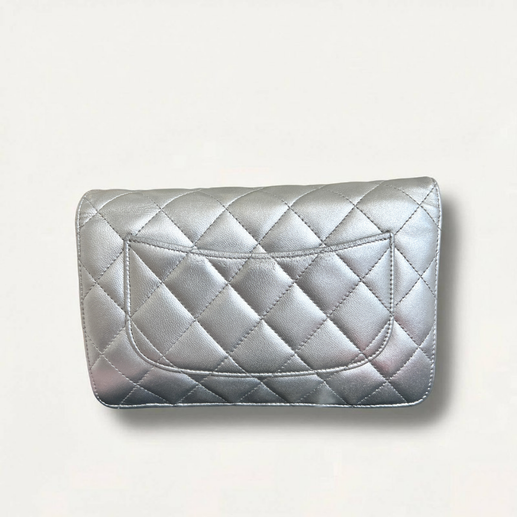 Chanel Woc Leather Lambskin Silver Chain Crossbody Clutch Bag
