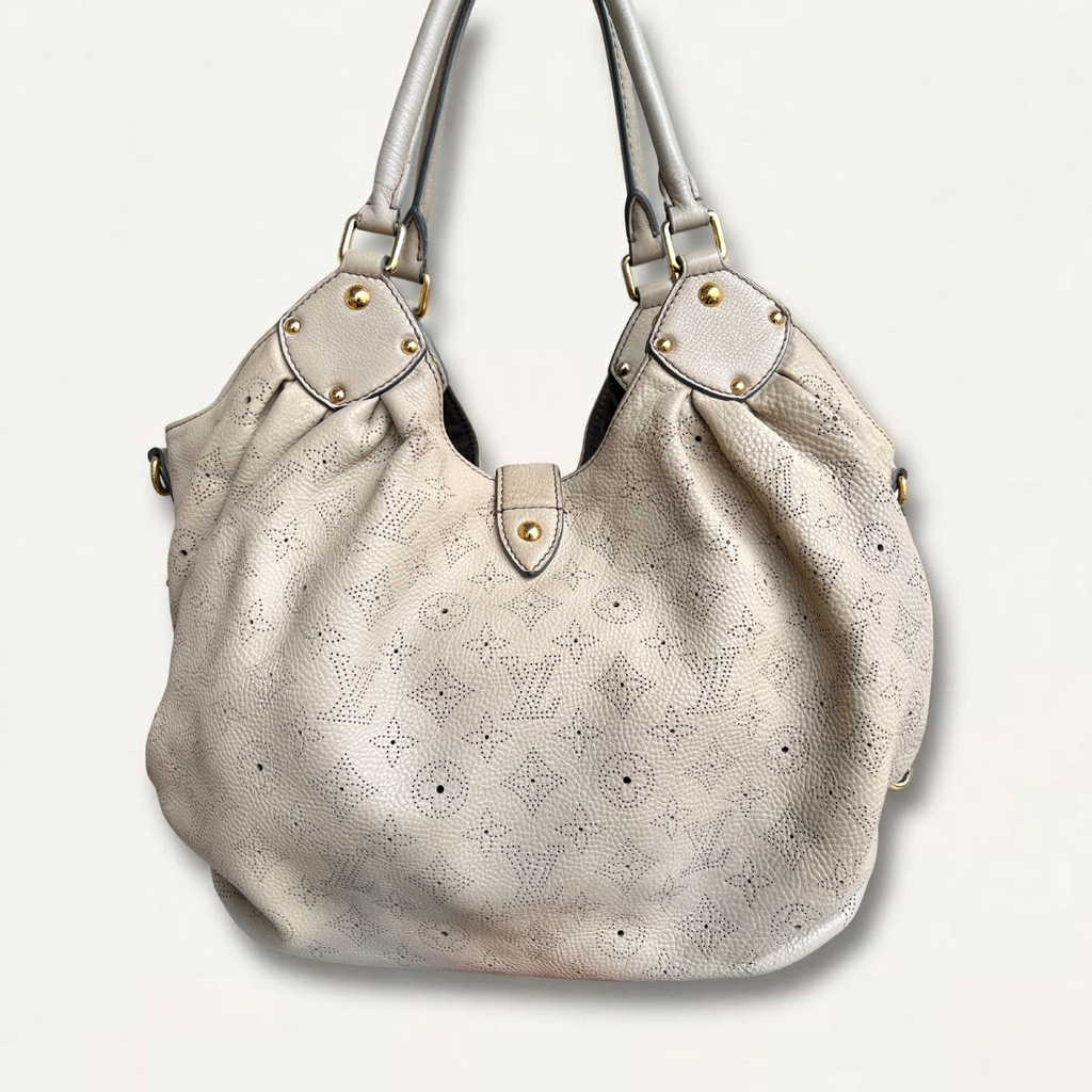 Louis Vuitton Mahina L Leather Beige Monogram Hobo Shoulder Bag