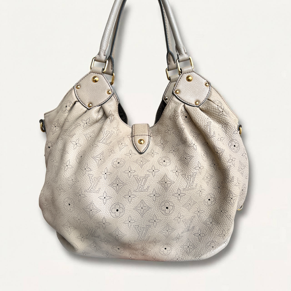 Sac à bandoulière Louis Vuitton Mahina L en cuir beige monogrammé