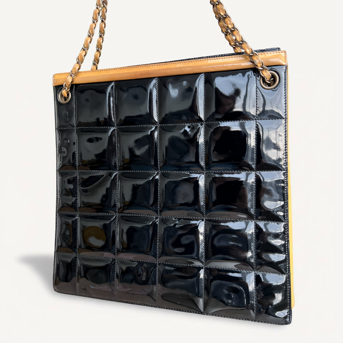 Chanel Parent Beige Black Leather Quilted Large Shoulder Bag