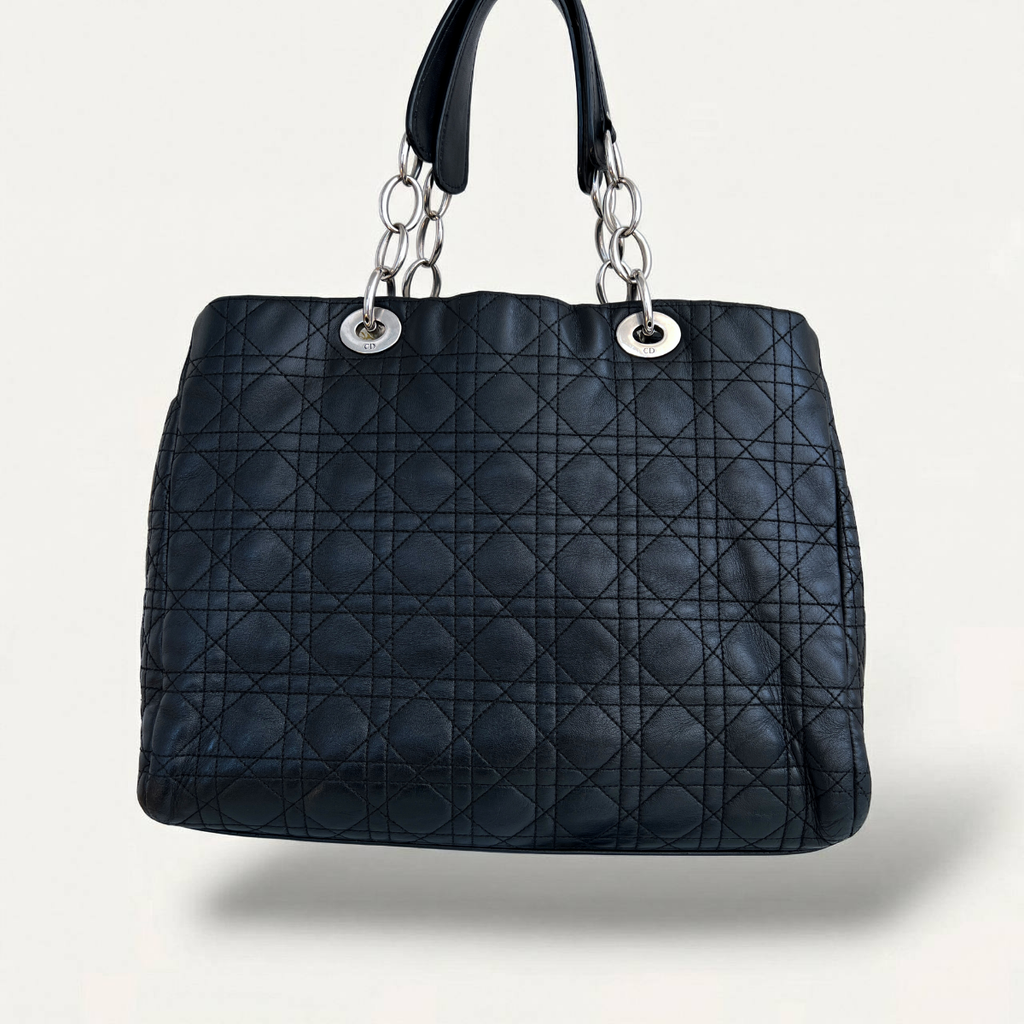 Christian Dior Silver Tote Canage Black Quilted Leather Bag