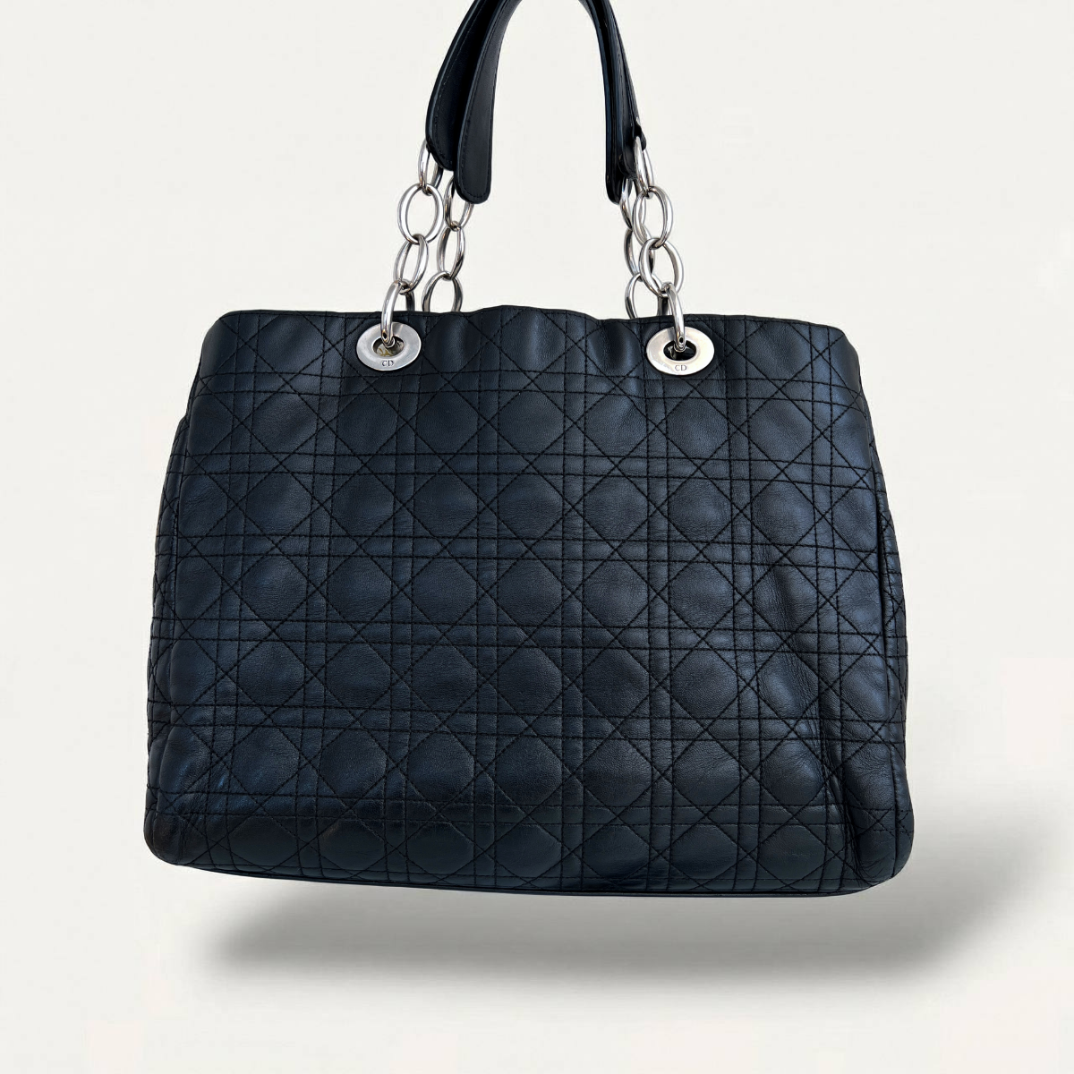 Sac cabas argenté Christian Dior Canage en cuir matelassé noir