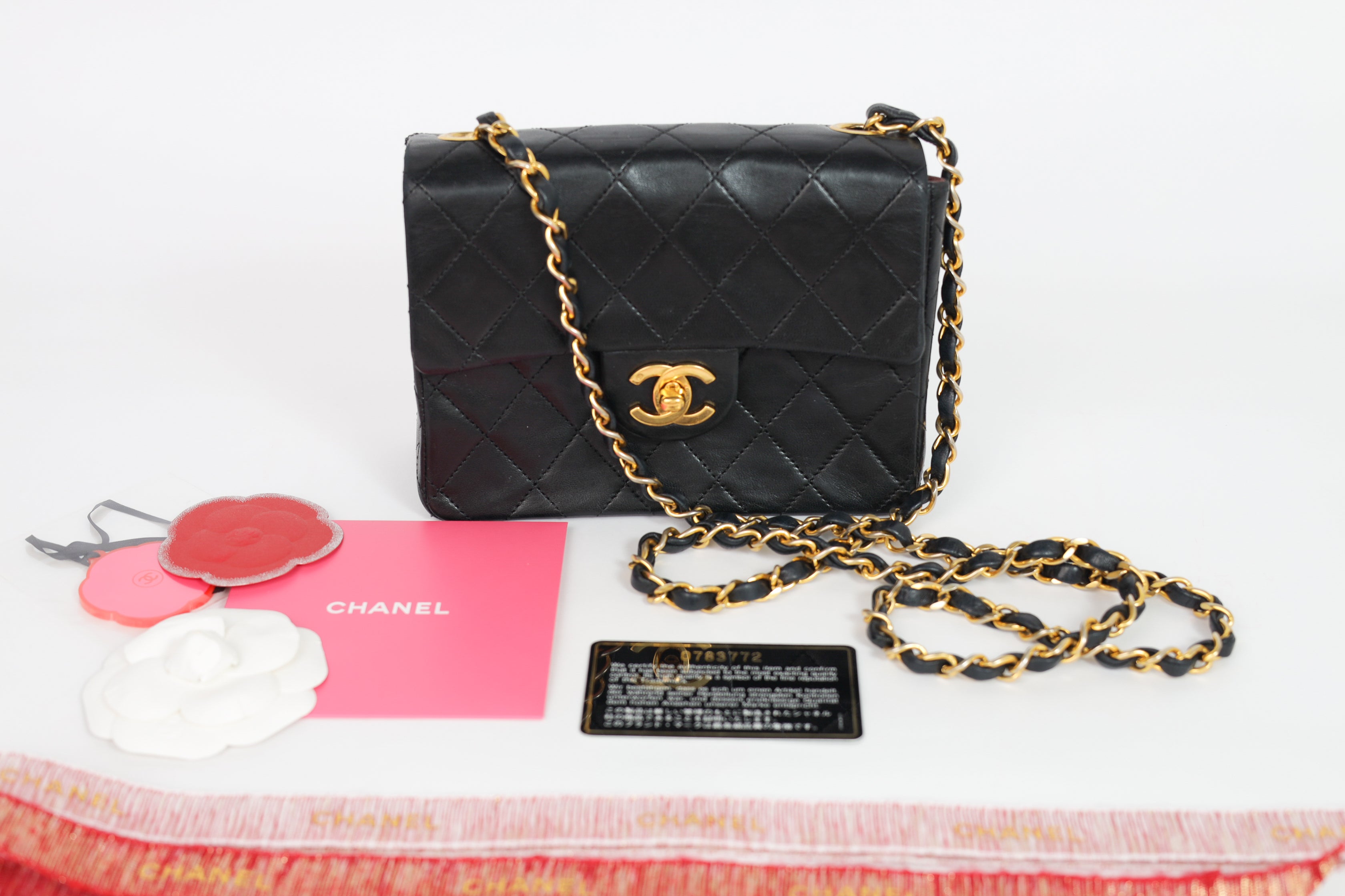 Authentic Chanel Mini square one flap Lambskin chain Shoulder Bag crossbody black