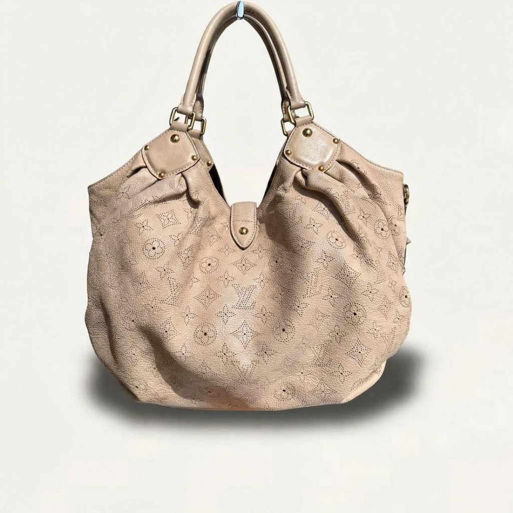 Louis Vuitton Mahina L Leather Beige Monogram Hobo Shoulder