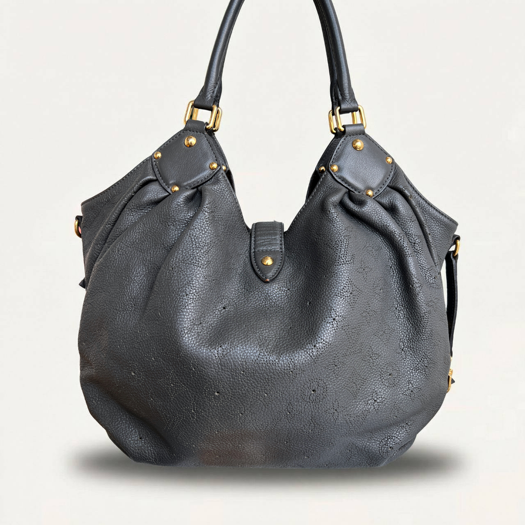 Louis Vuitton Mahina L Leather Gray Monogram Hobo Shoulder Bag