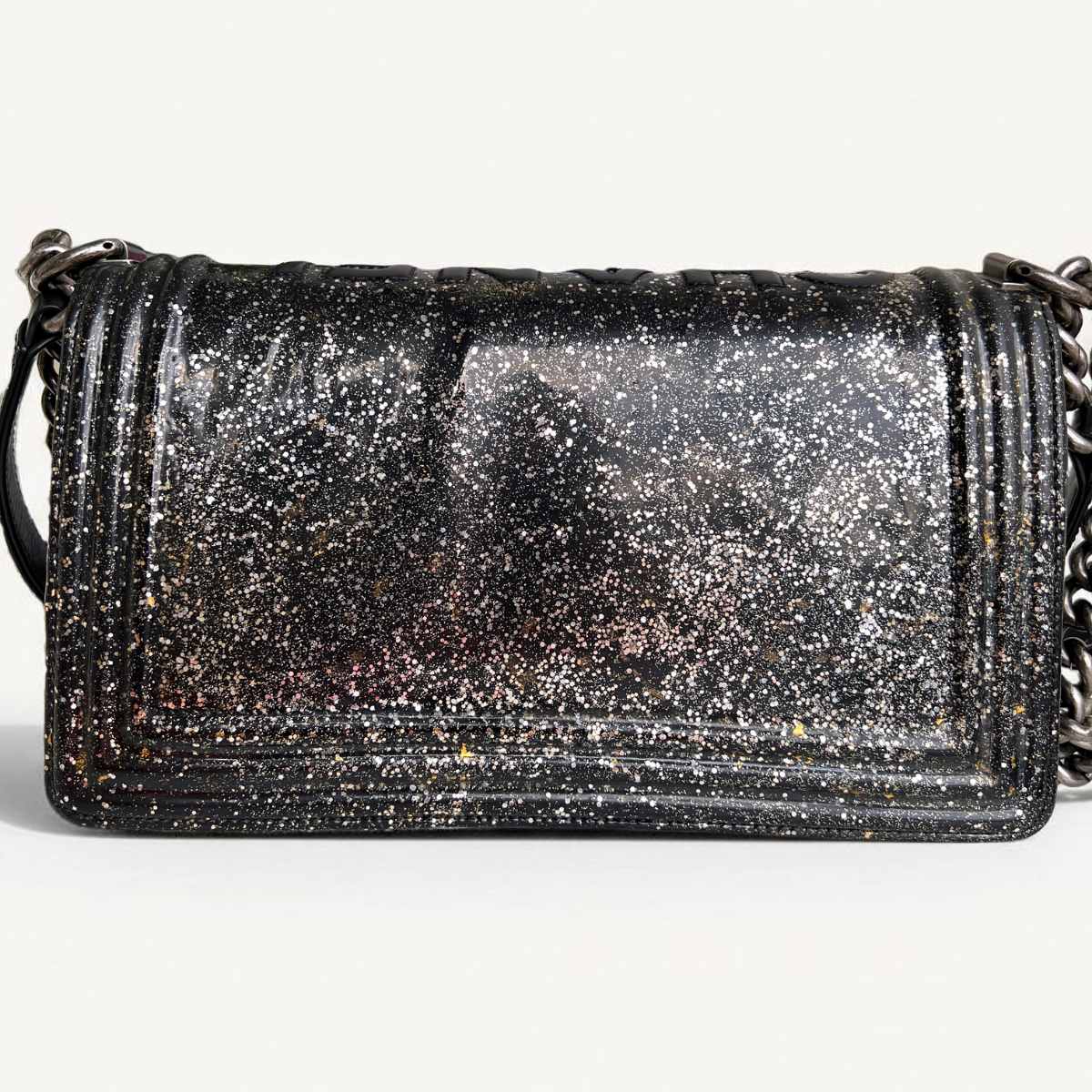 Chanel Old Boy Medium Crystal Glitter Patent Leather Black Bag