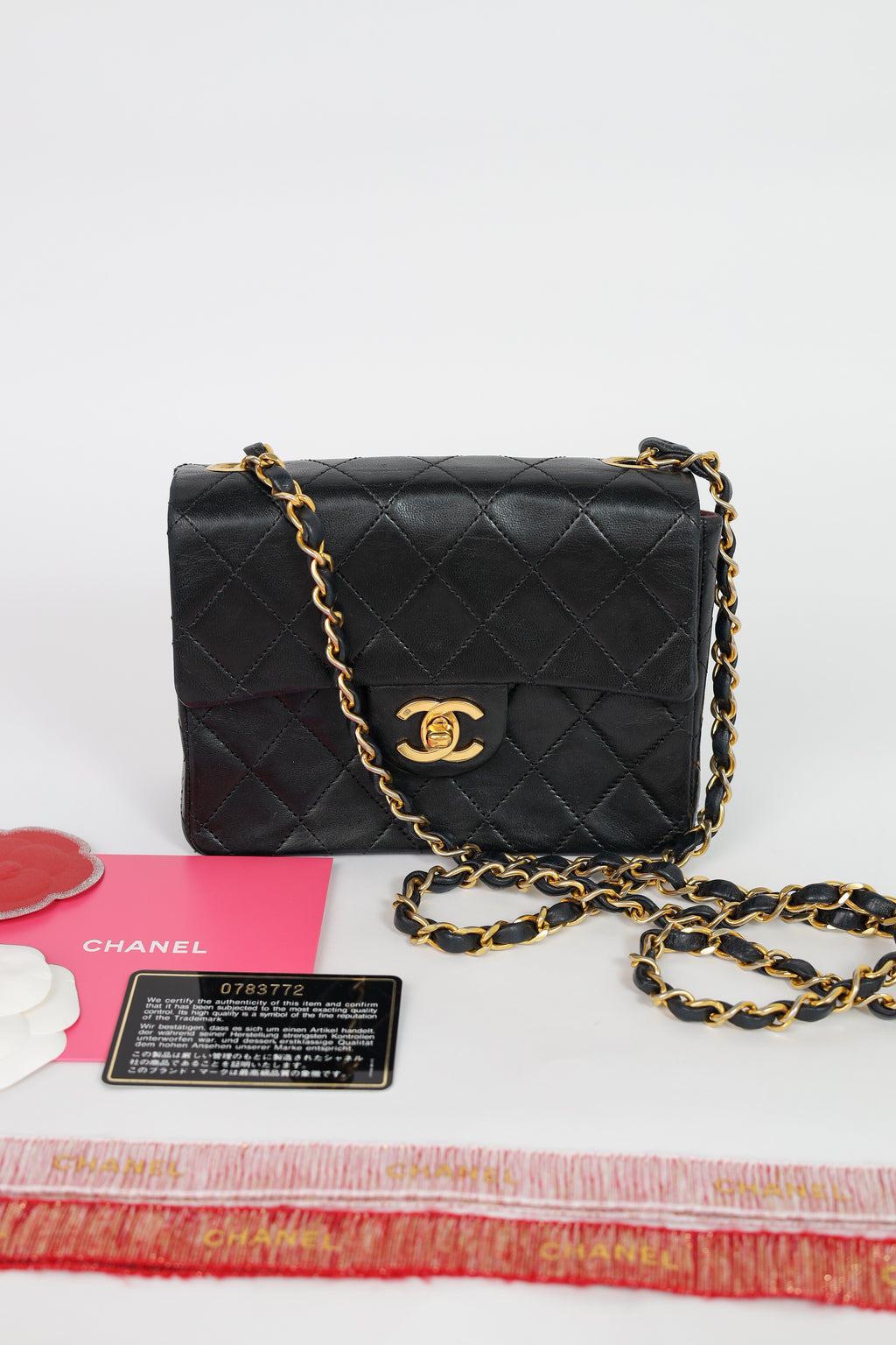 Authentic Chanel Mini square one flap Lambskin chain Shoulder Bag crossbody black