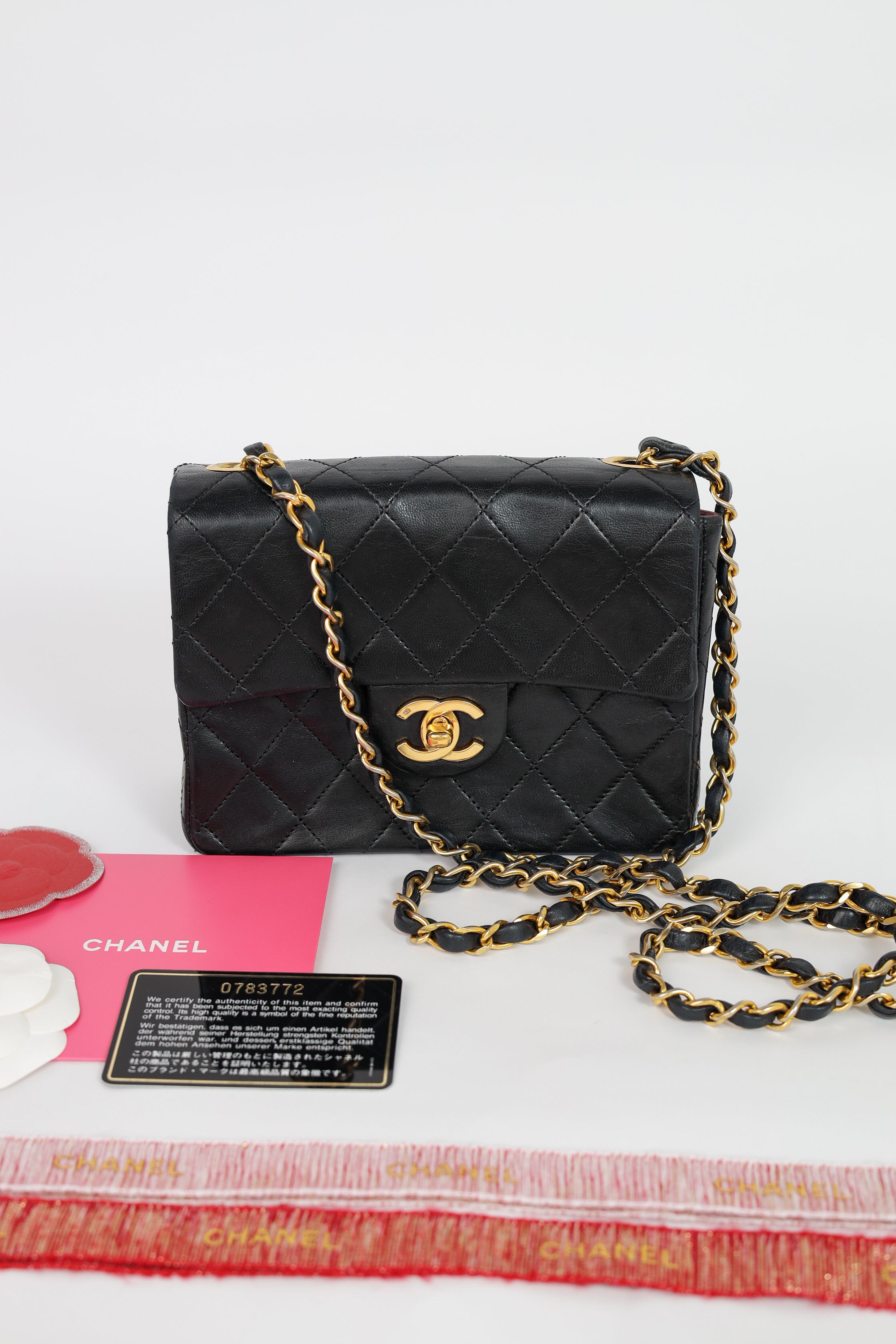Authentic Chanel Mini square one flap Lambskin chain Shoulder Bag crossbody black