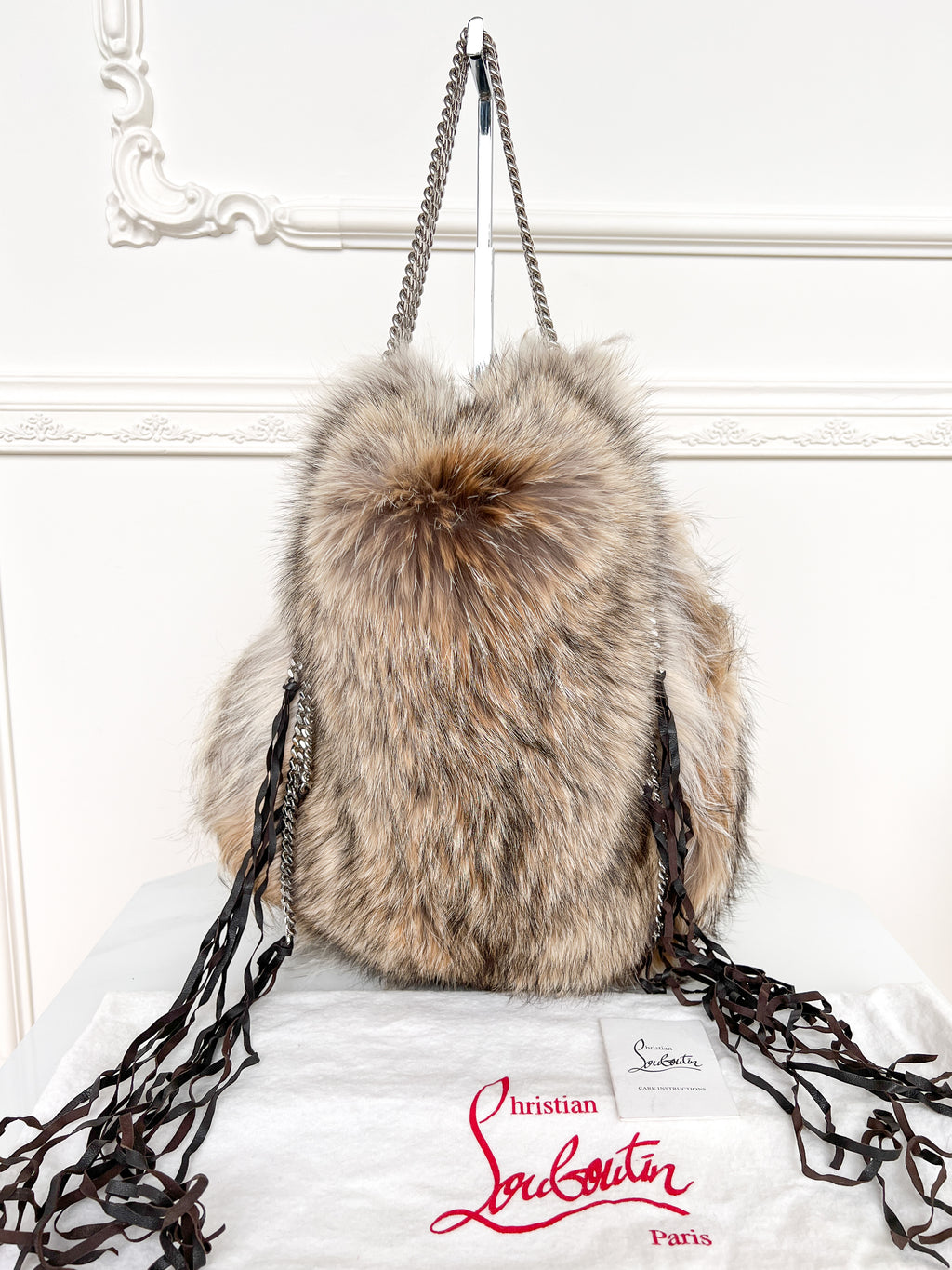 Authentic Christian Louboutin Marianna medium rider coyote fur chains shoulder handbag