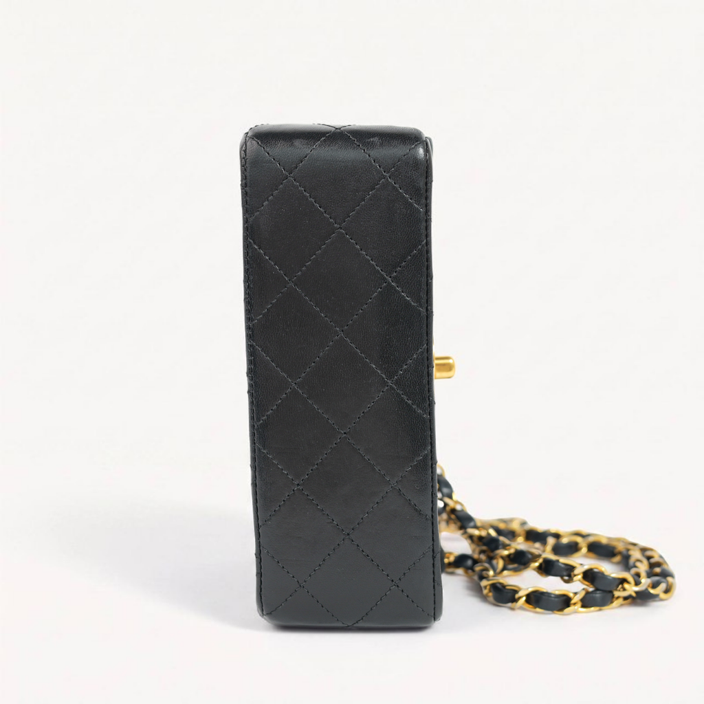 Authentic Chanel Mini square one flap Lambskin chain Shoulder Bag crossbody black