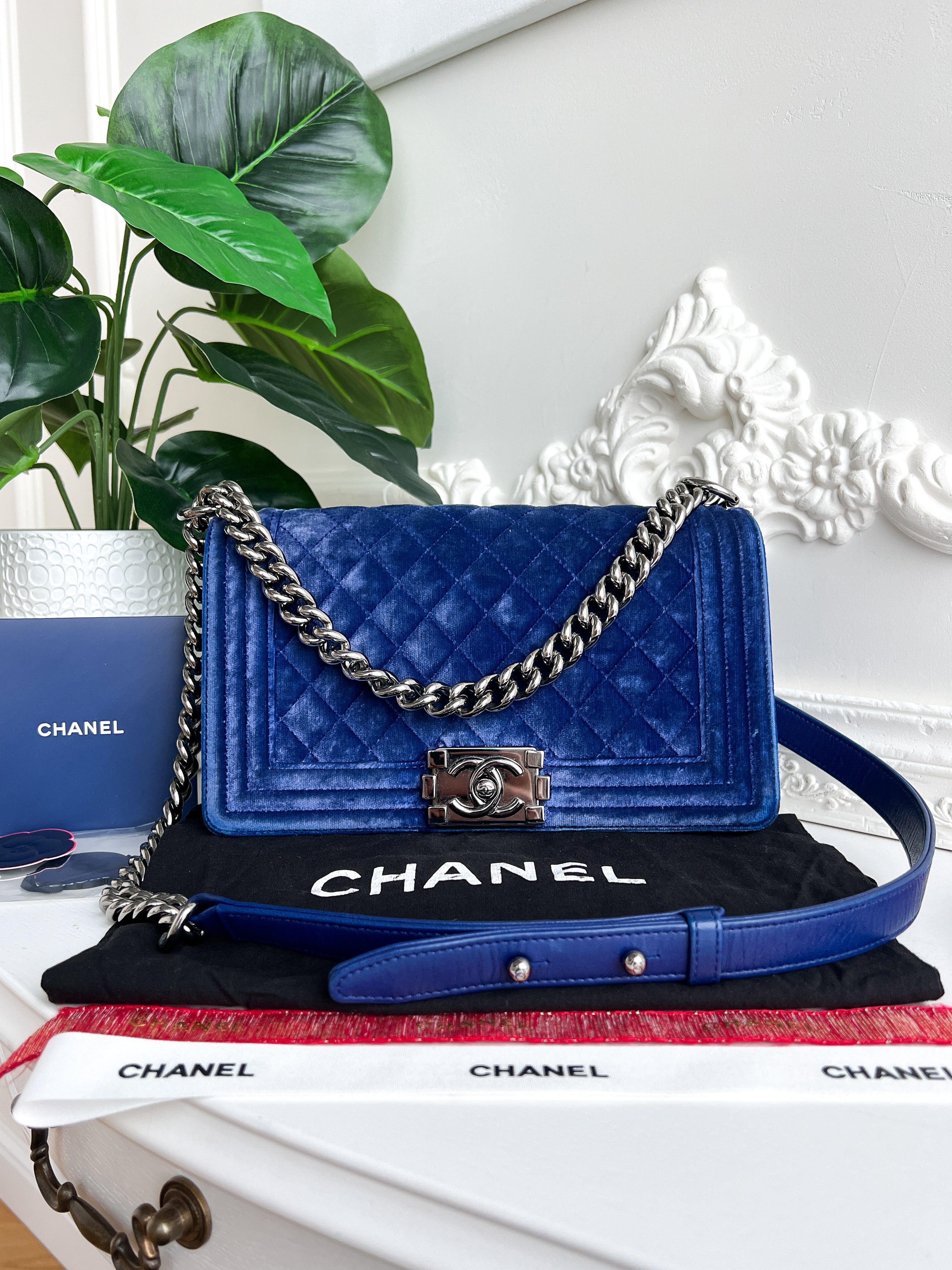 Authentic Chanel Old Boy velvet blue crossbody