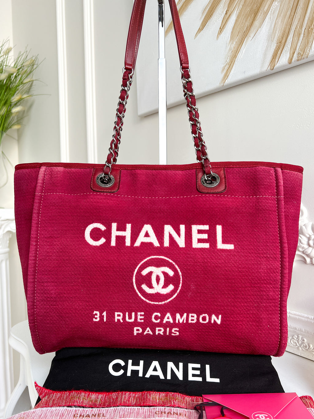Authentic Chanel Deauville tote red in Cotton Shoulder handbag