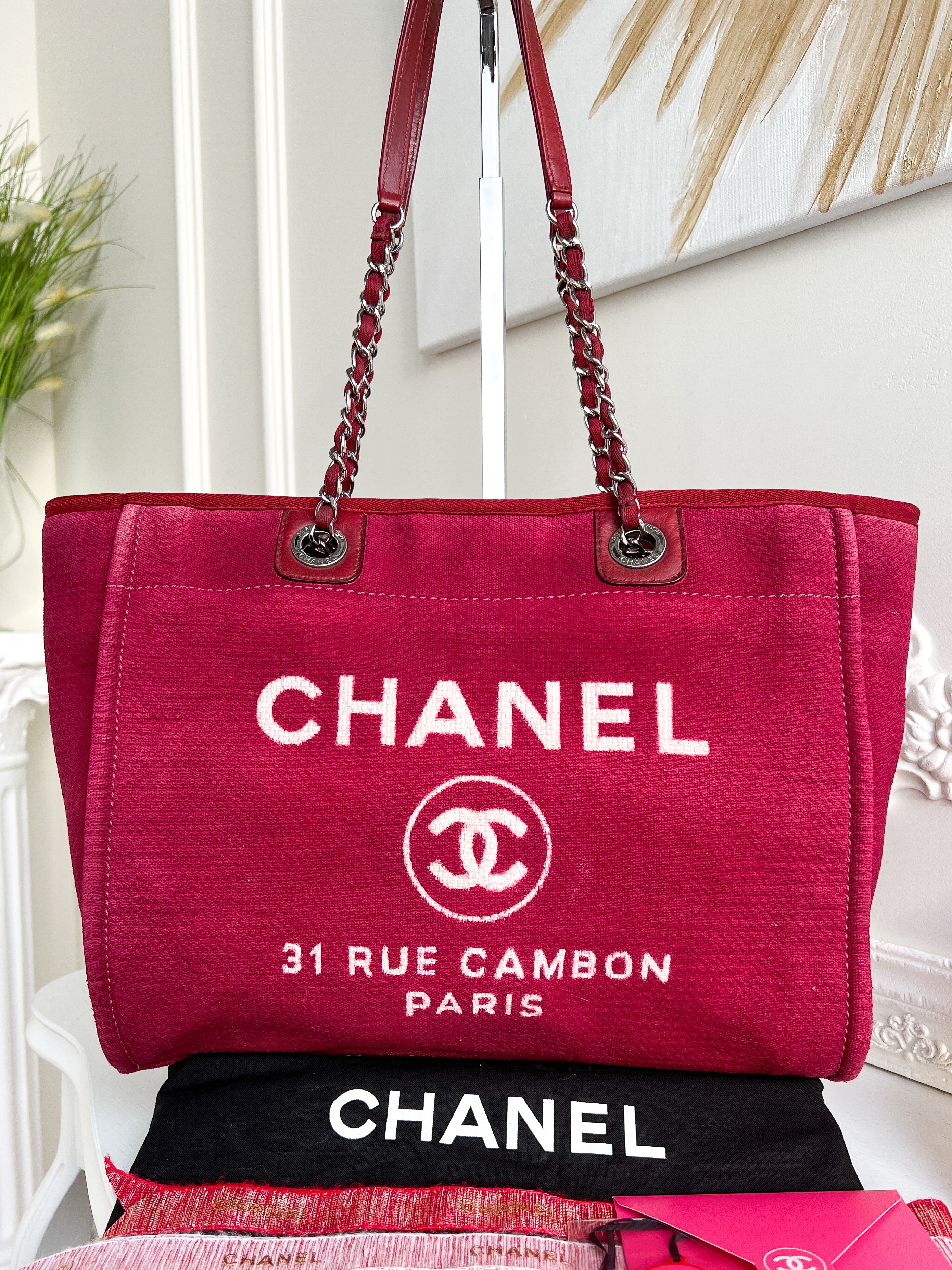 Authentic Chanel Deauville tote red in Cotton Shoulder handbag