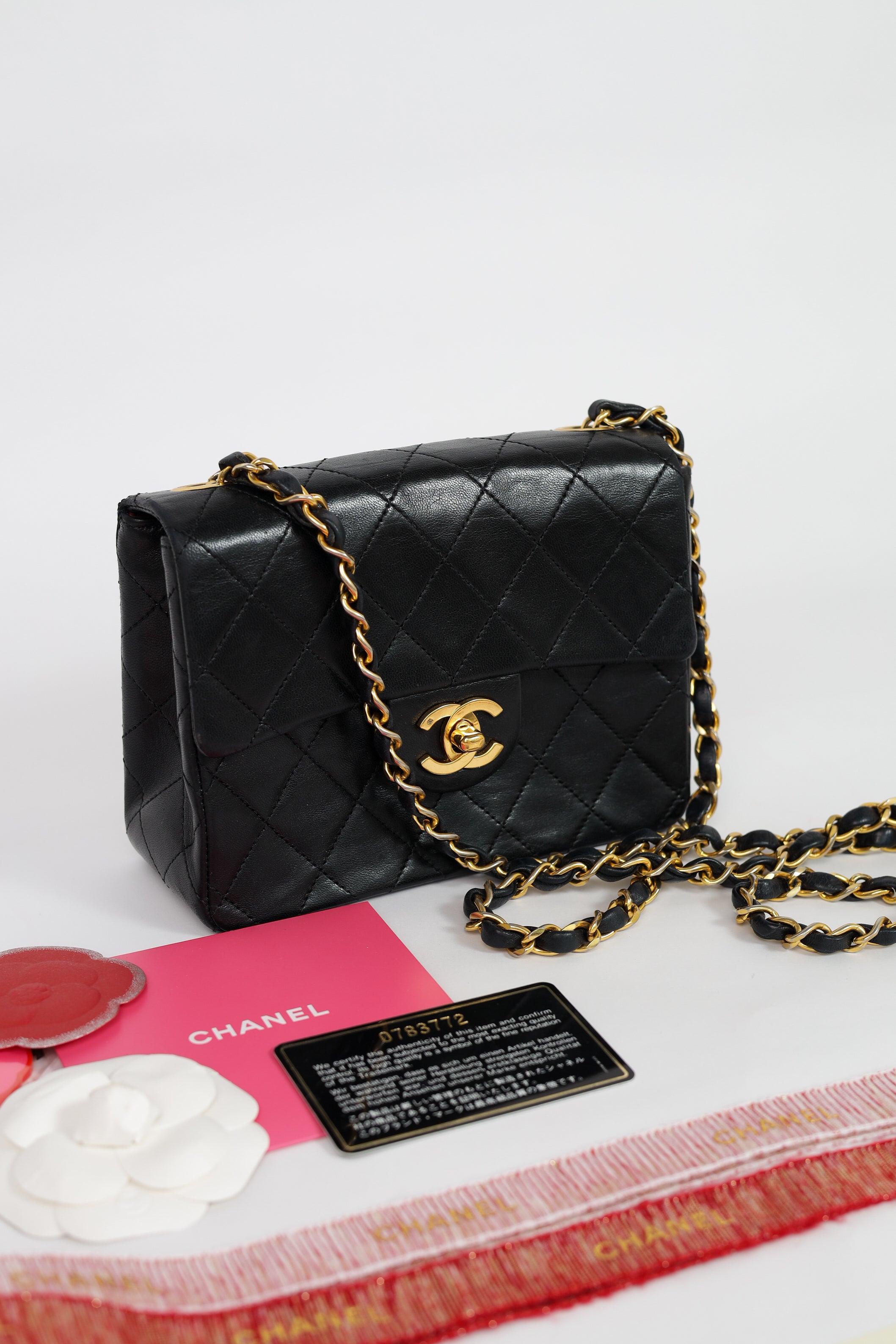 Authentic Chanel Mini square one flap Lambskin chain Shoulder Bag crossbody black