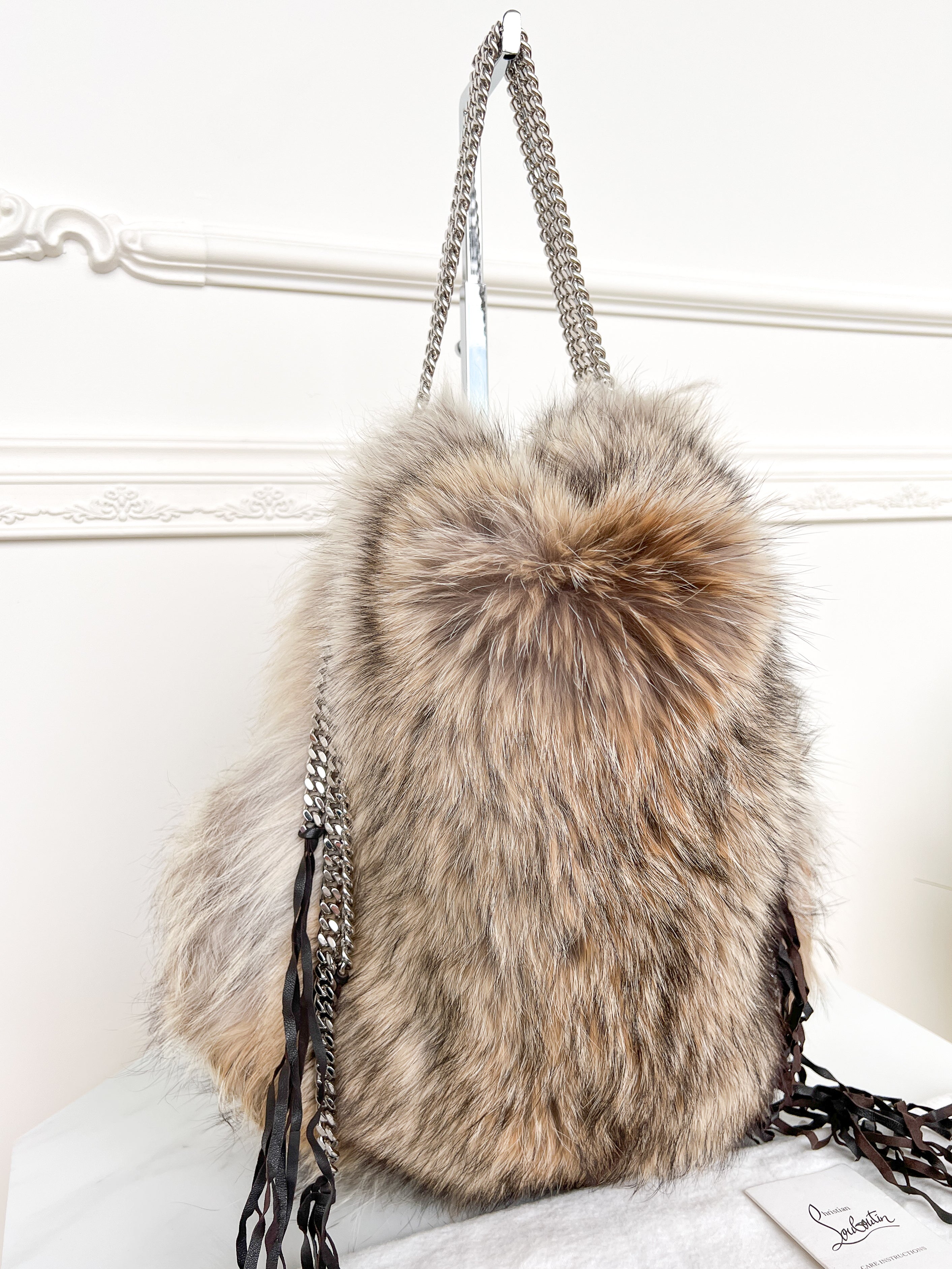 Authentic Christian Louboutin Marianna medium rider coyote fur chains shoulder handbag