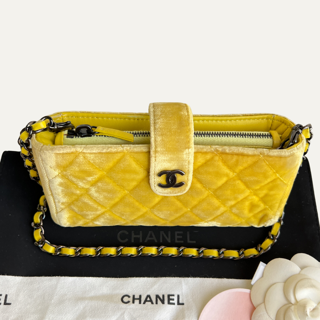 Chanel Mini Phone Holder Quilted Velvet Yellow Clutch Crossbody Bag