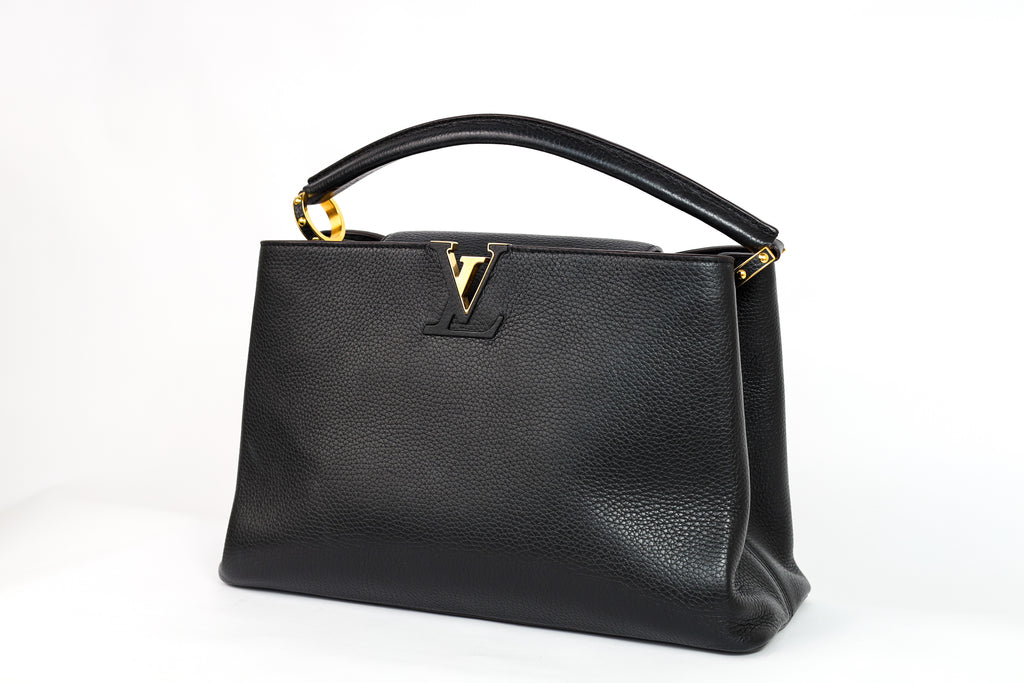 Authentic LV Capucines MM Black Leather Fuchsia Inside Handbag