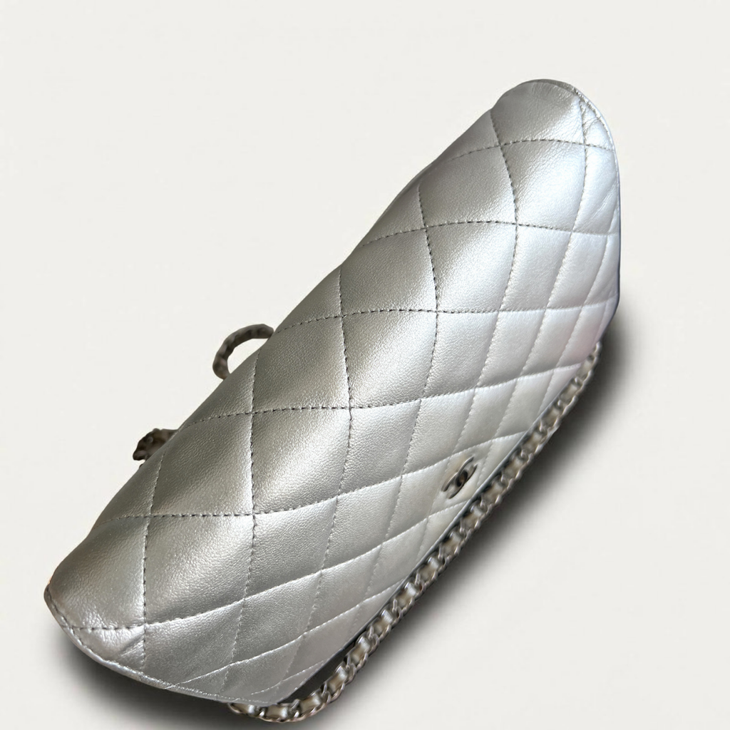 Chanel Woc Leather Lambskin Silver Chain Crossbody Clutch Bag