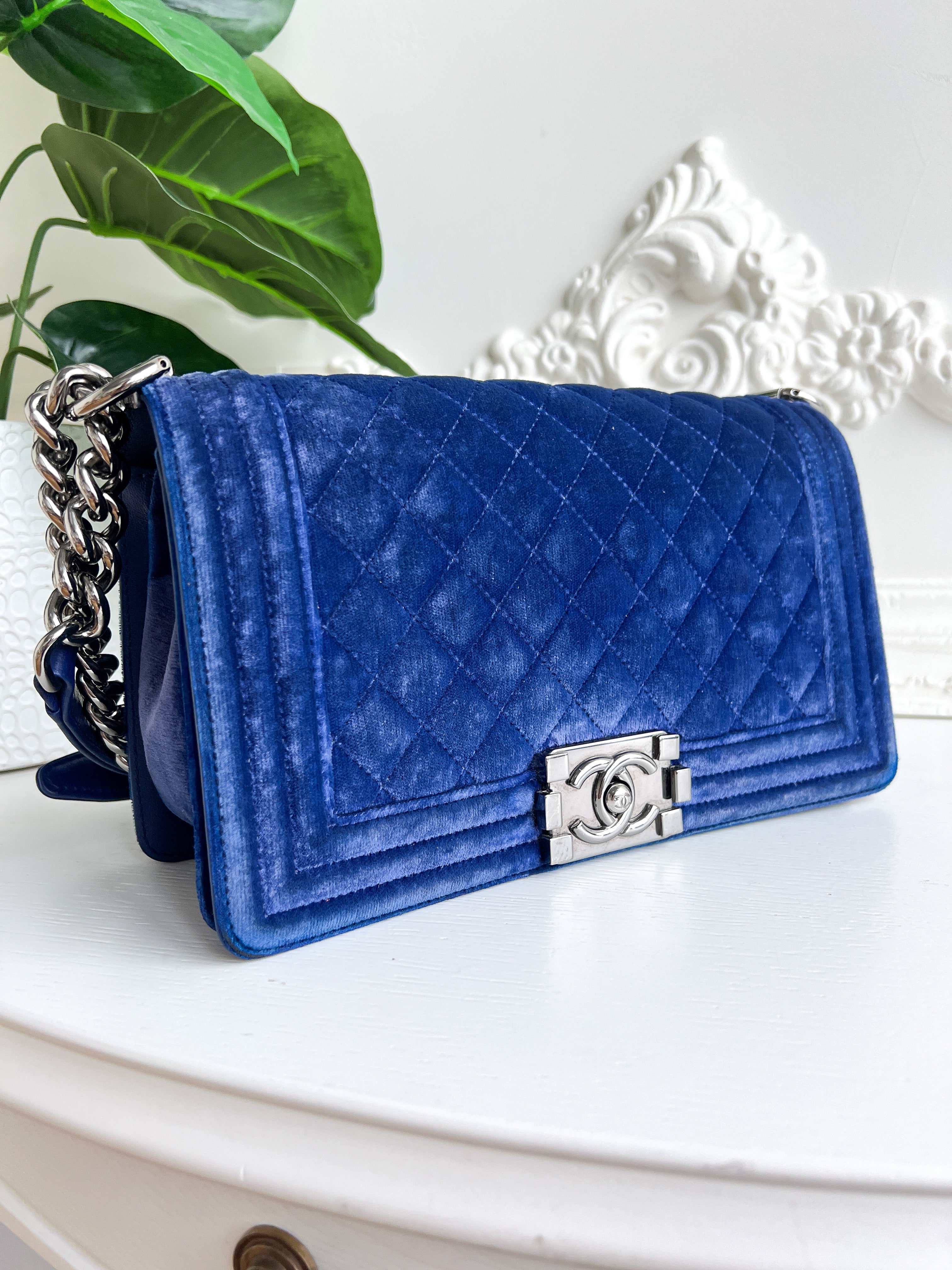 Authentic Chanel Old Boy velvet blue crossbody