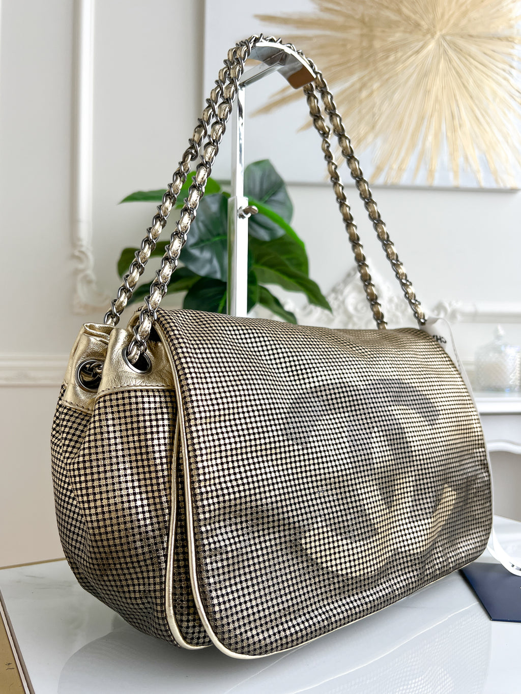 Authentic Chanel tote accordion gold leather chain bag crossbody handbag