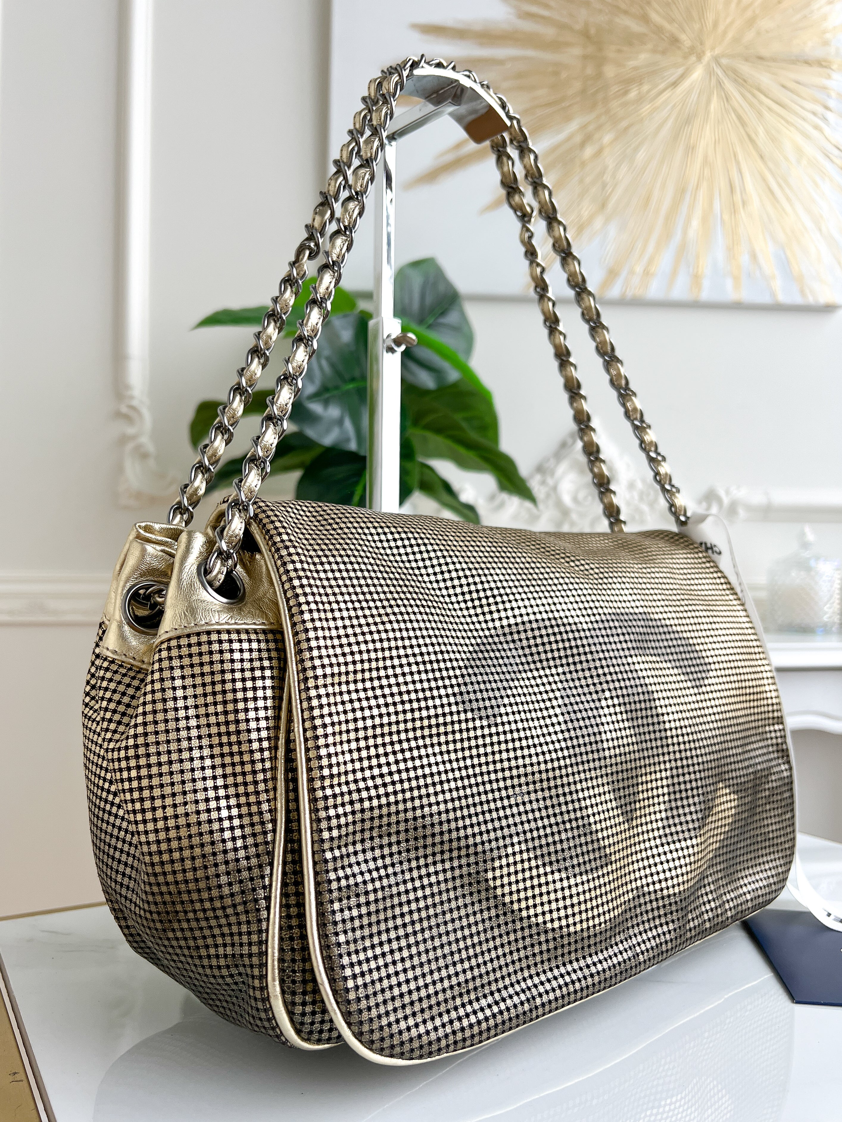 Authentic Chanel tote accordion gold leather chain bag crossbody handbag
