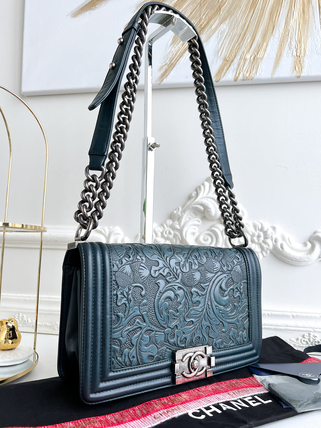 Authentic Chanel old Boy Cordoba Rare Leather dark blue crossbody bag