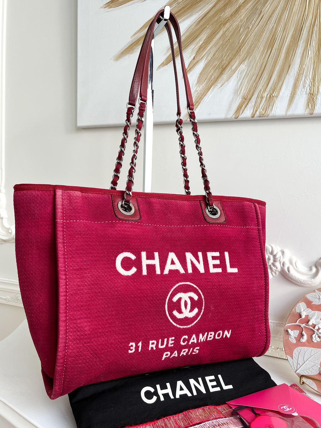 Authentic Chanel Deauville tote red in Cotton Shoulder handbag