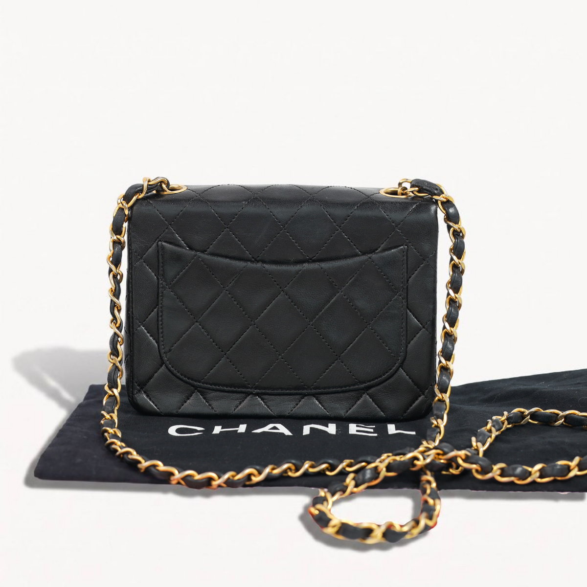 Authentic Chanel Mini square one flap Lambskin chain Shoulder Bag crossbody black