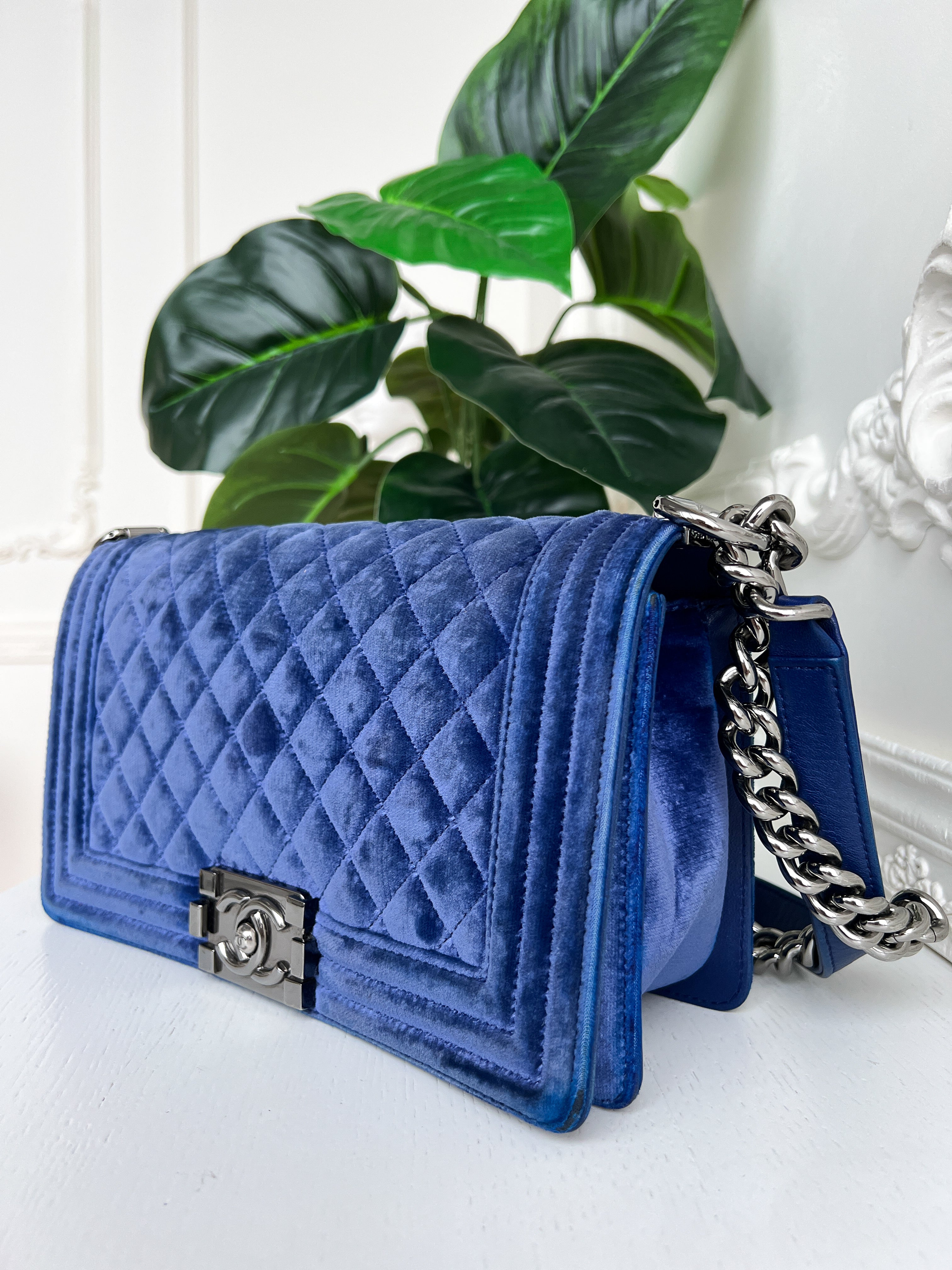 Authentic Chanel Old Boy velvet blue crossbody