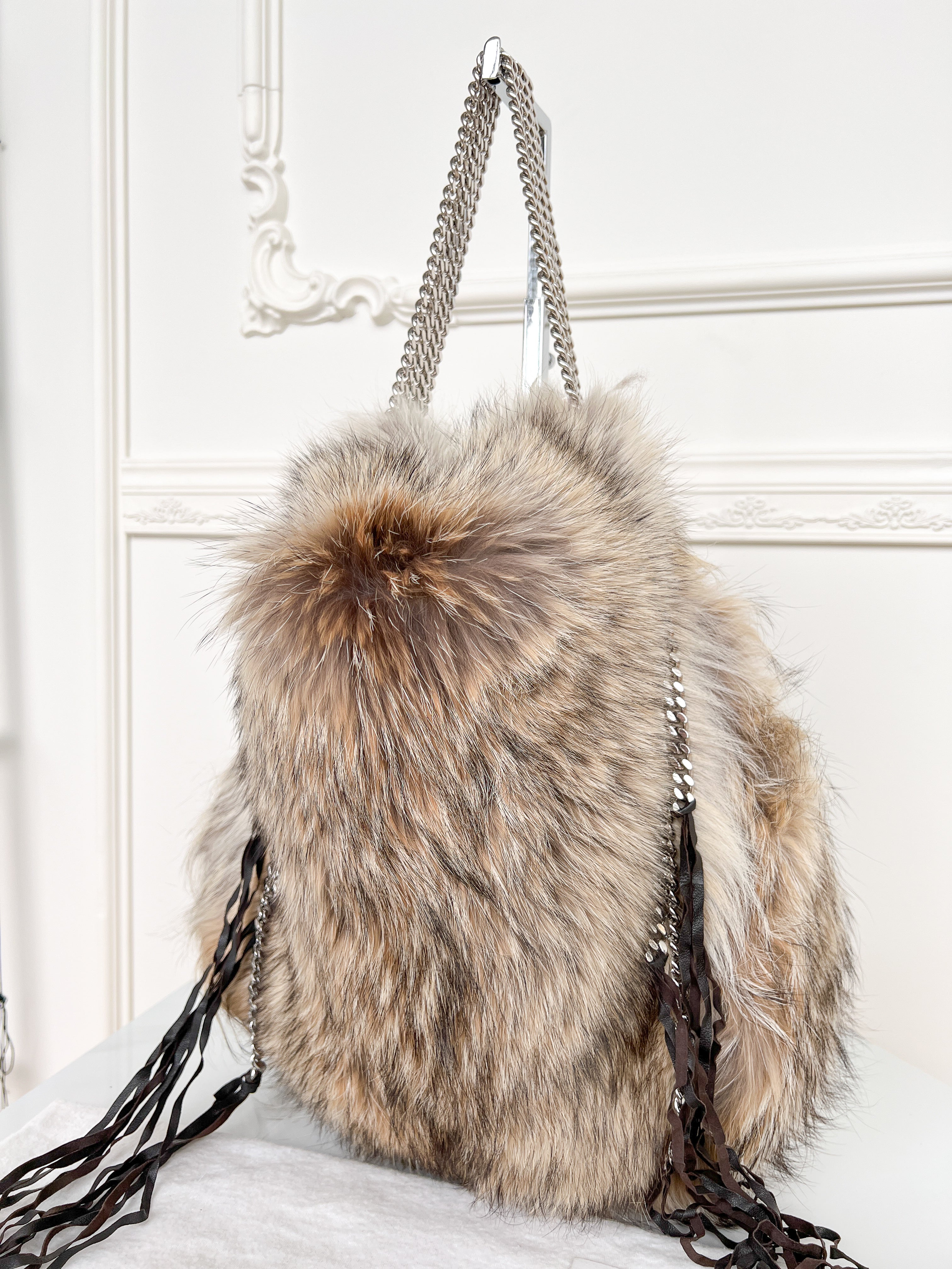 Authentic Christian Louboutin Marianna medium rider coyote fur chains shoulder handbag